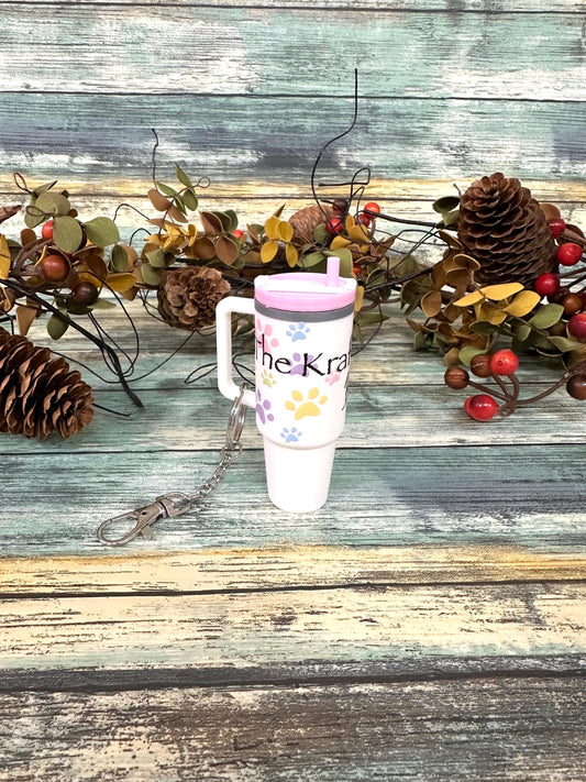 The Kraft Shop By Kari mini tumbler keychain chapstick or money holders. White, pink and grey keychain