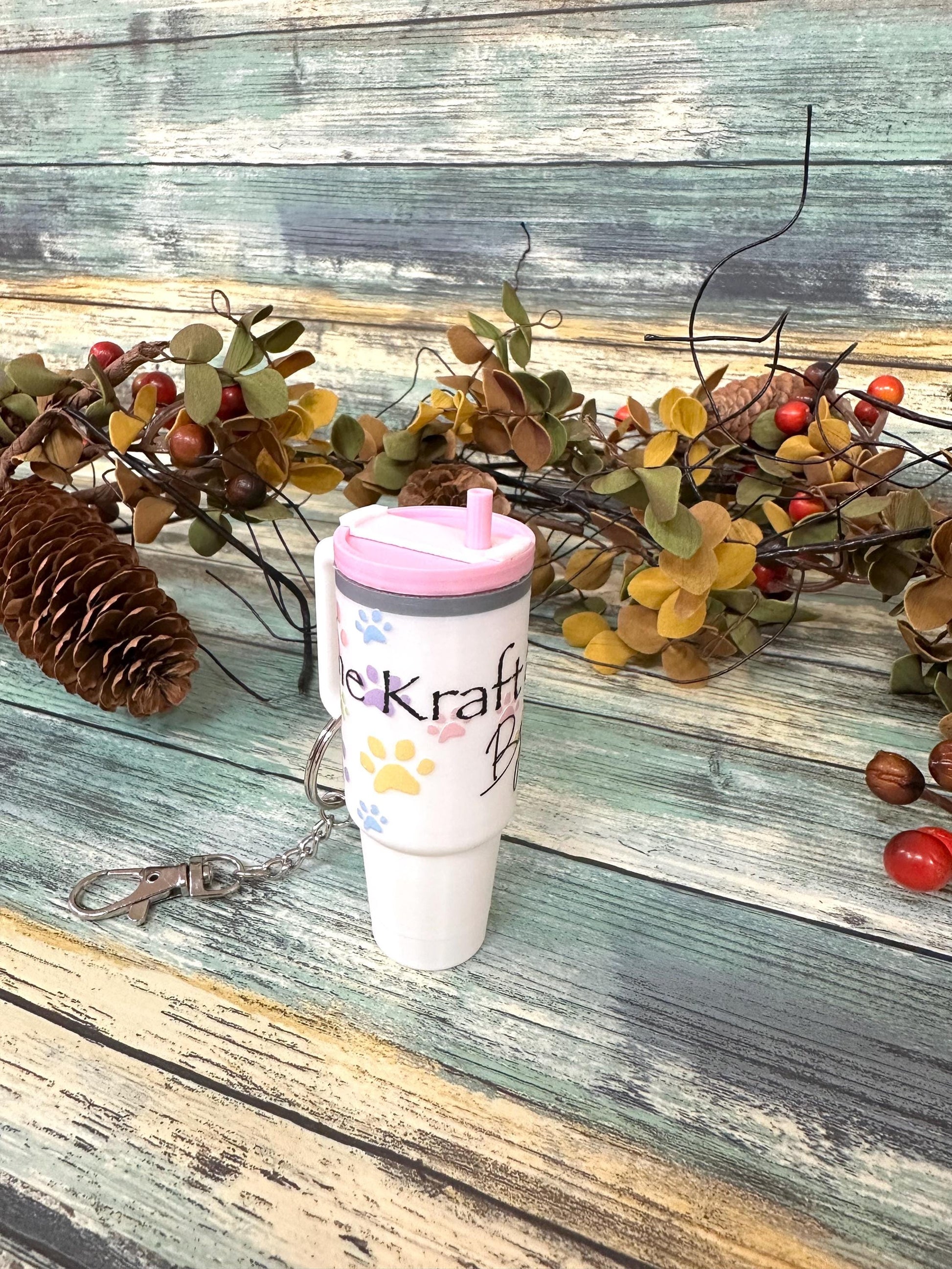 The Kraft Shop By Kari mini tumbler keychain chapstick or money holders. White, pink and grey keychain