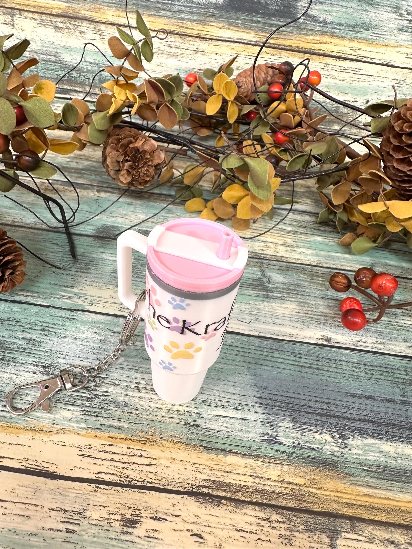 The Kraft Shop By Kari mini tumbler keychain chapstick or money holders. White, pink and grey keychain