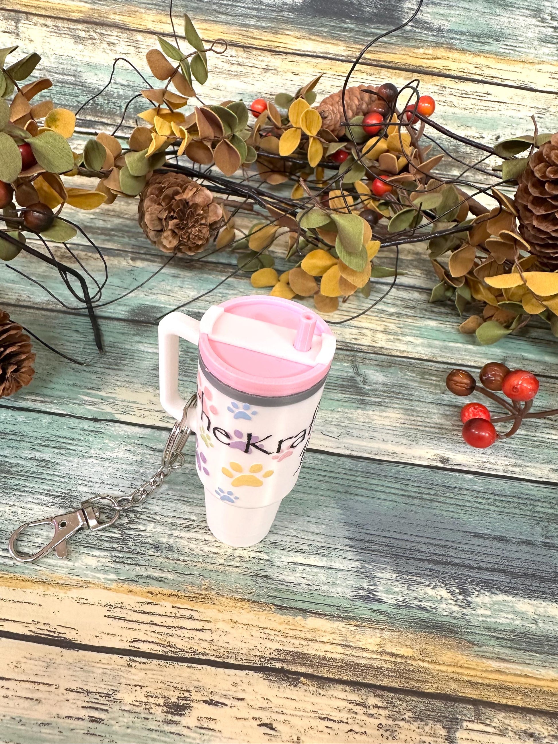 The Kraft Shop By Kari mini tumbler keychain chapstick or money holders. White, pink and grey keychain