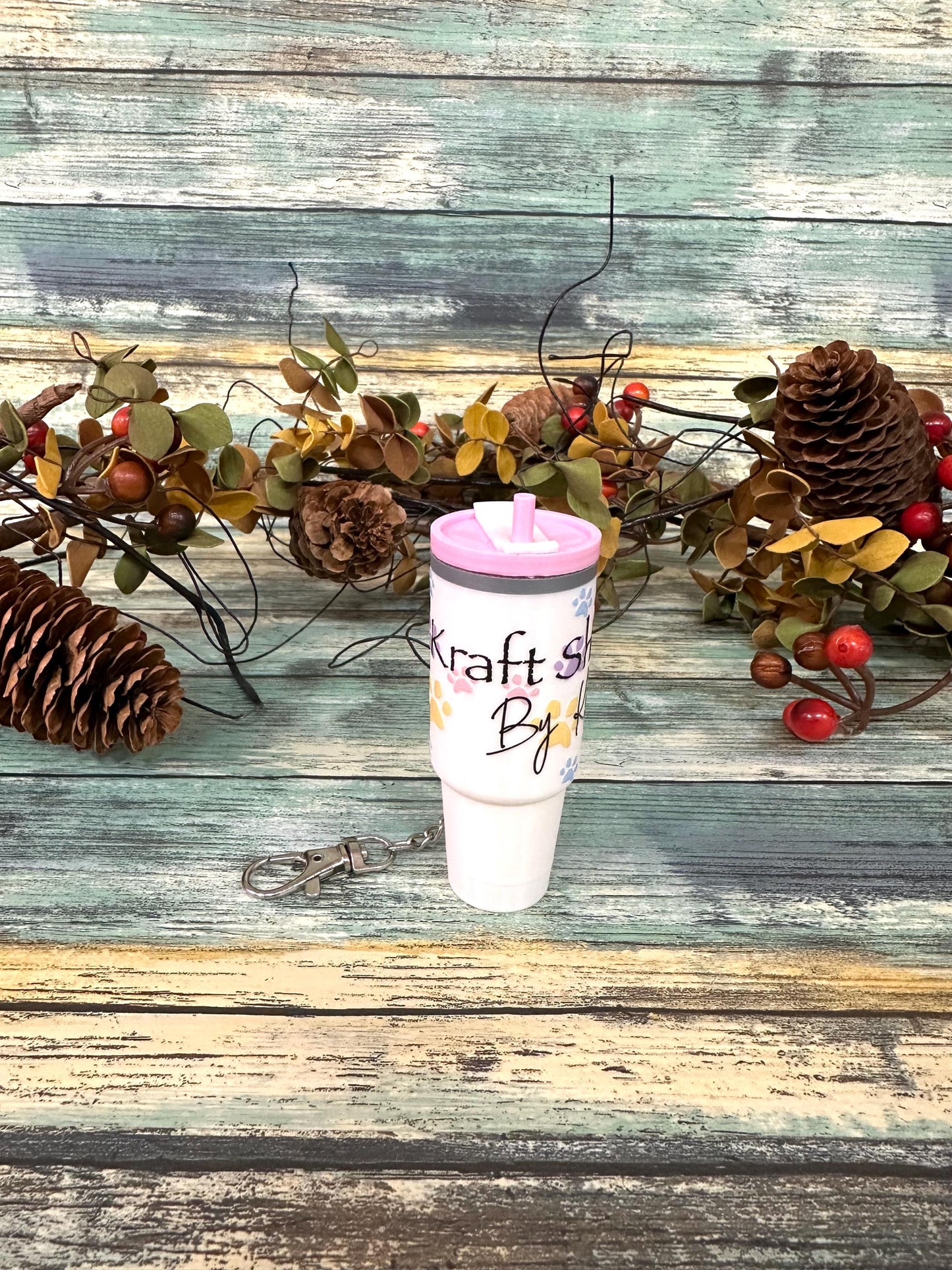 The Kraft Shop By Kari mini tumbler keychain chapstick or money holders. White, pink and grey keychain