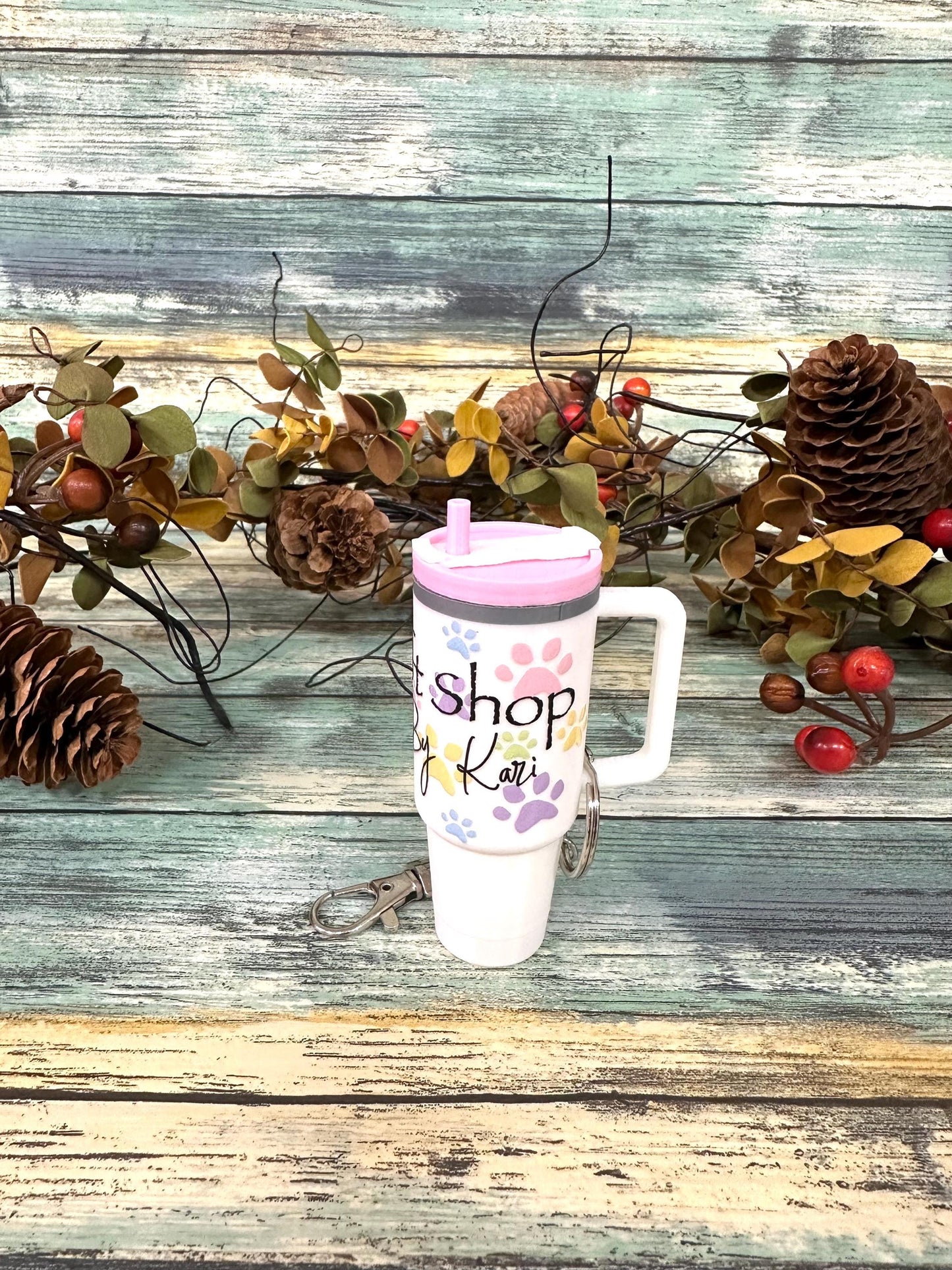 The Kraft Shop By Kari mini tumbler keychain chapstick or money holders. White, pink and grey keychain