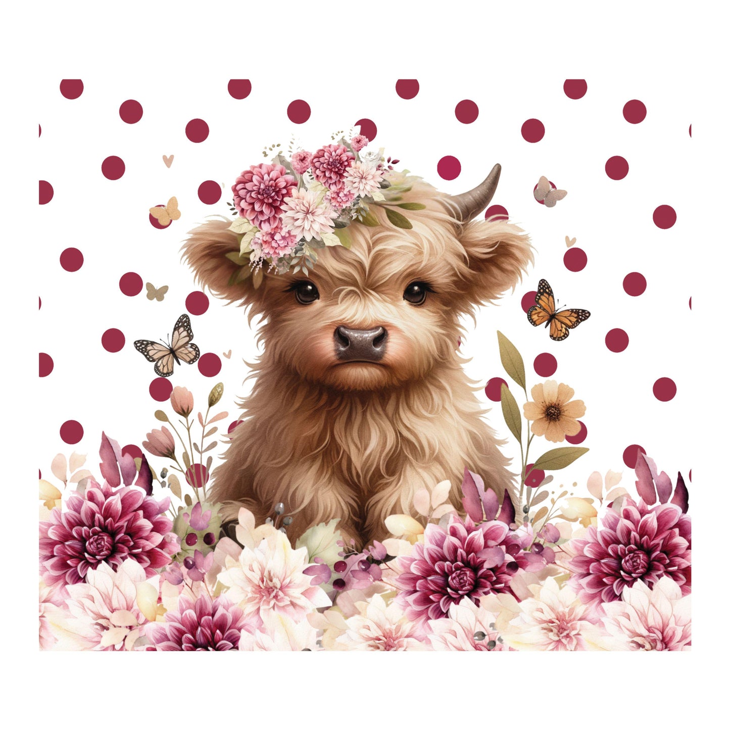 UV DTF Sticker print. Baby heifer flowers wrap off white and dark pink accents helper tumbler decal. #5274