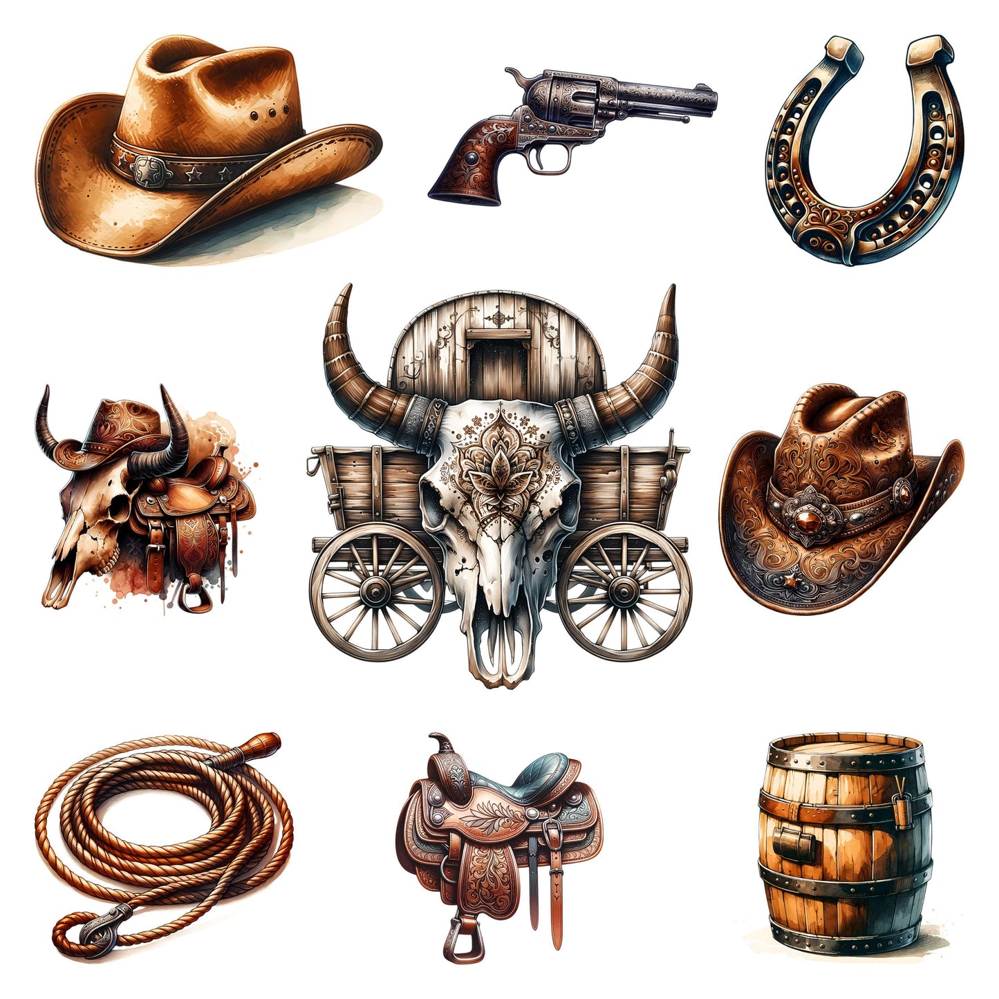 UV DTF Sticker prints. Western Bull element sheet with country accents bundle decal, permanent sticker. #10228