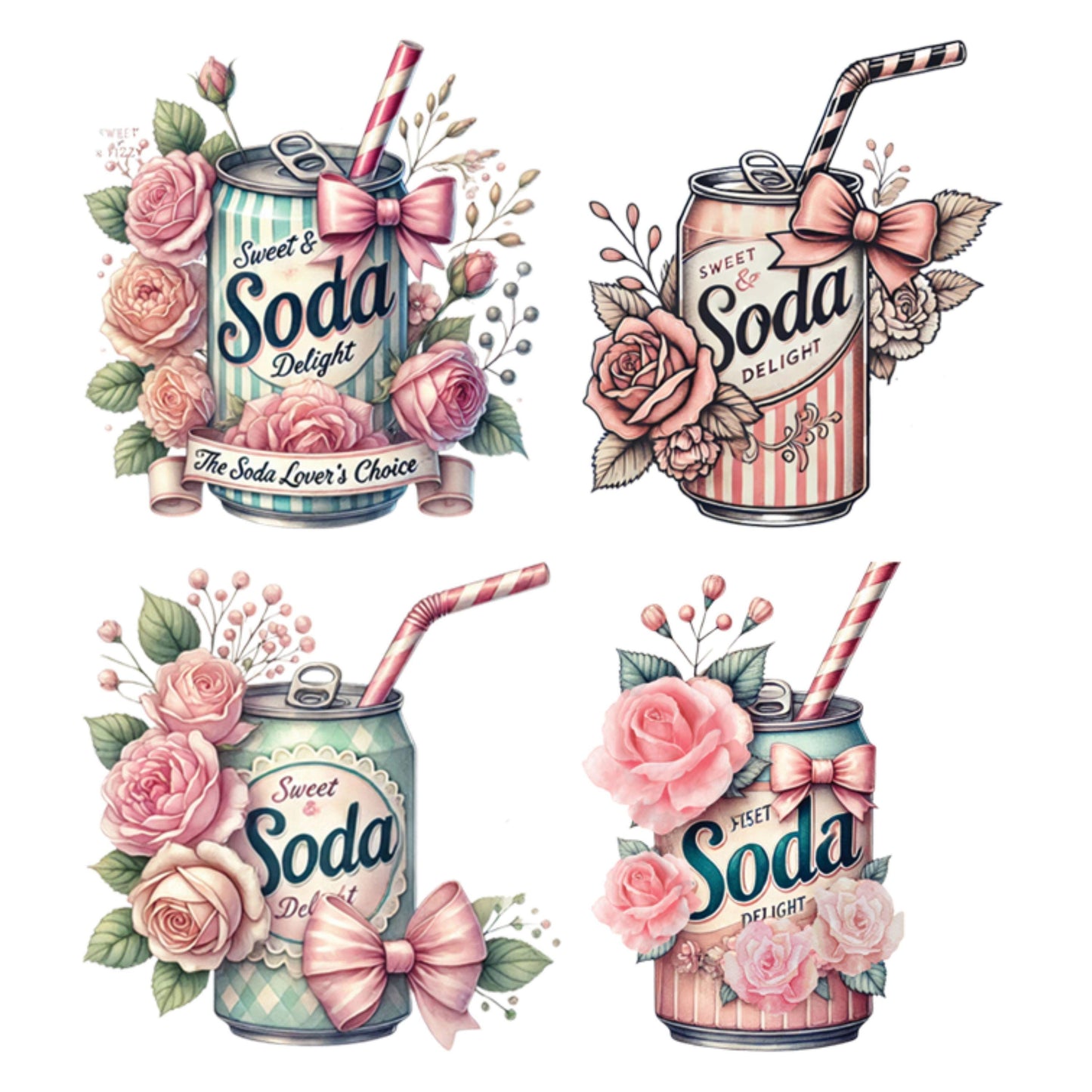 UV DTF Sticker prints. Old fashioned soda pop with pink accents bundle of decals, permanent sticker. #10229