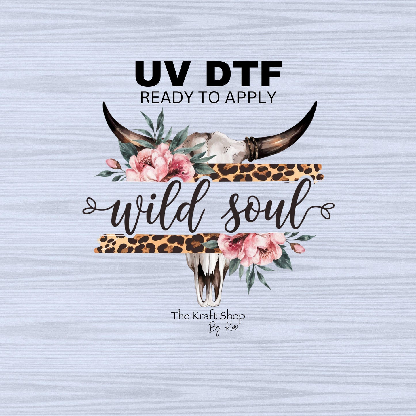 UV DTF Sticker print. Wild soul bull skull with cheetah print and pink flowers decal, tumbler decal, permanent sticker. #4430