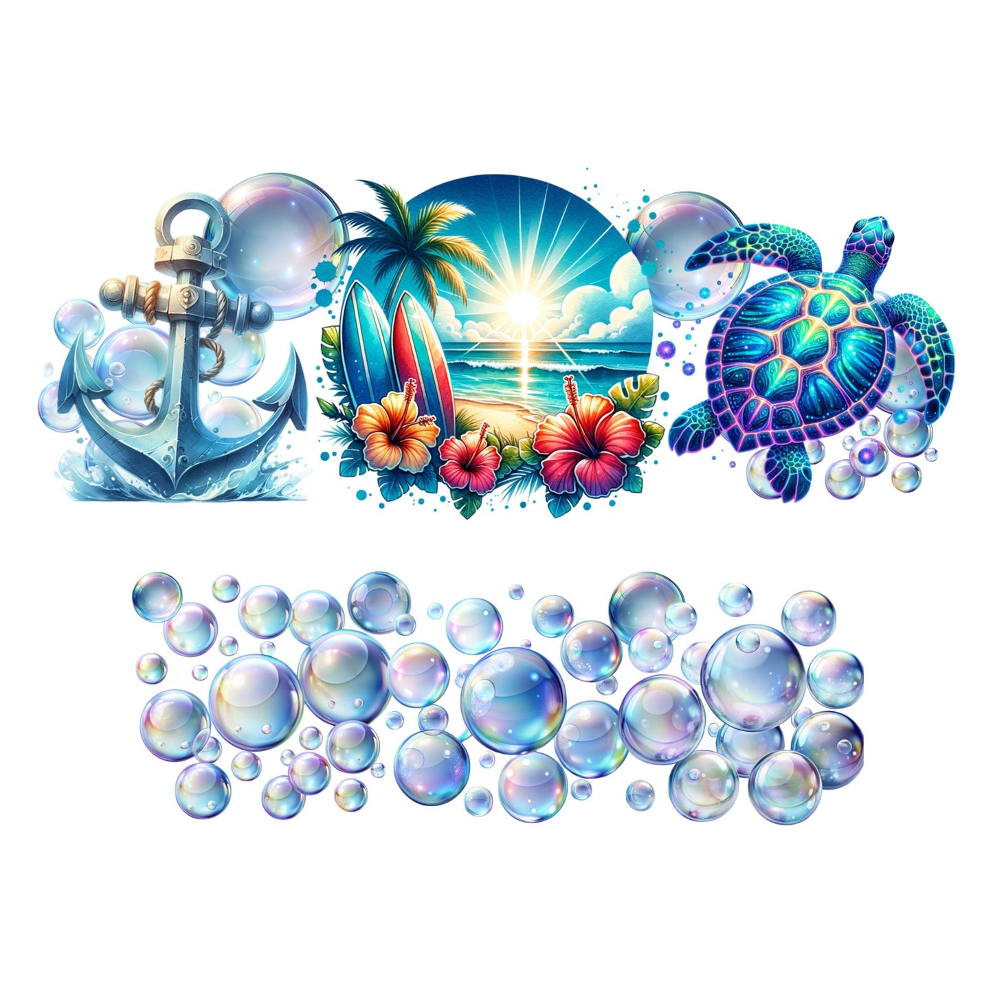 UV DTF 40 oz ready to apply Beachy Sea life with under the sea bubble bottom decal permanent sticker. UV wrap quencher #3111
