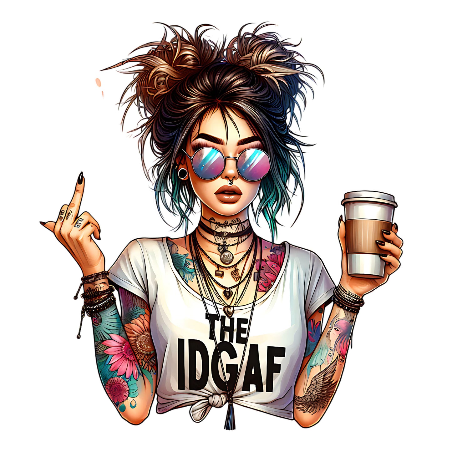 UV DTF Sticker print. IDGAF girl with middle finger, coffee and tattoos decal, tumbler decal, permanent sticker. #4402