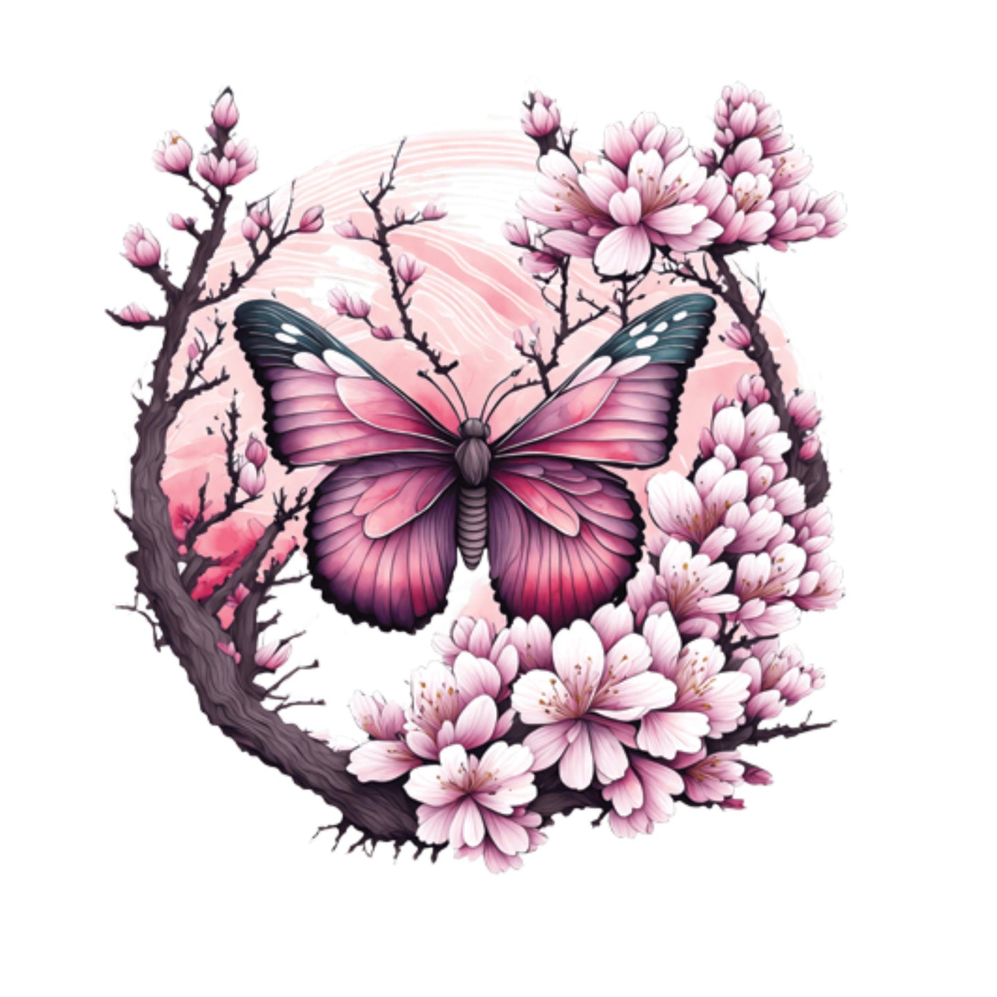 UV DTF Sticker print. Pink flower butterfly with cherry blossoms decal, tumbler decal, permanent sticker. #1053