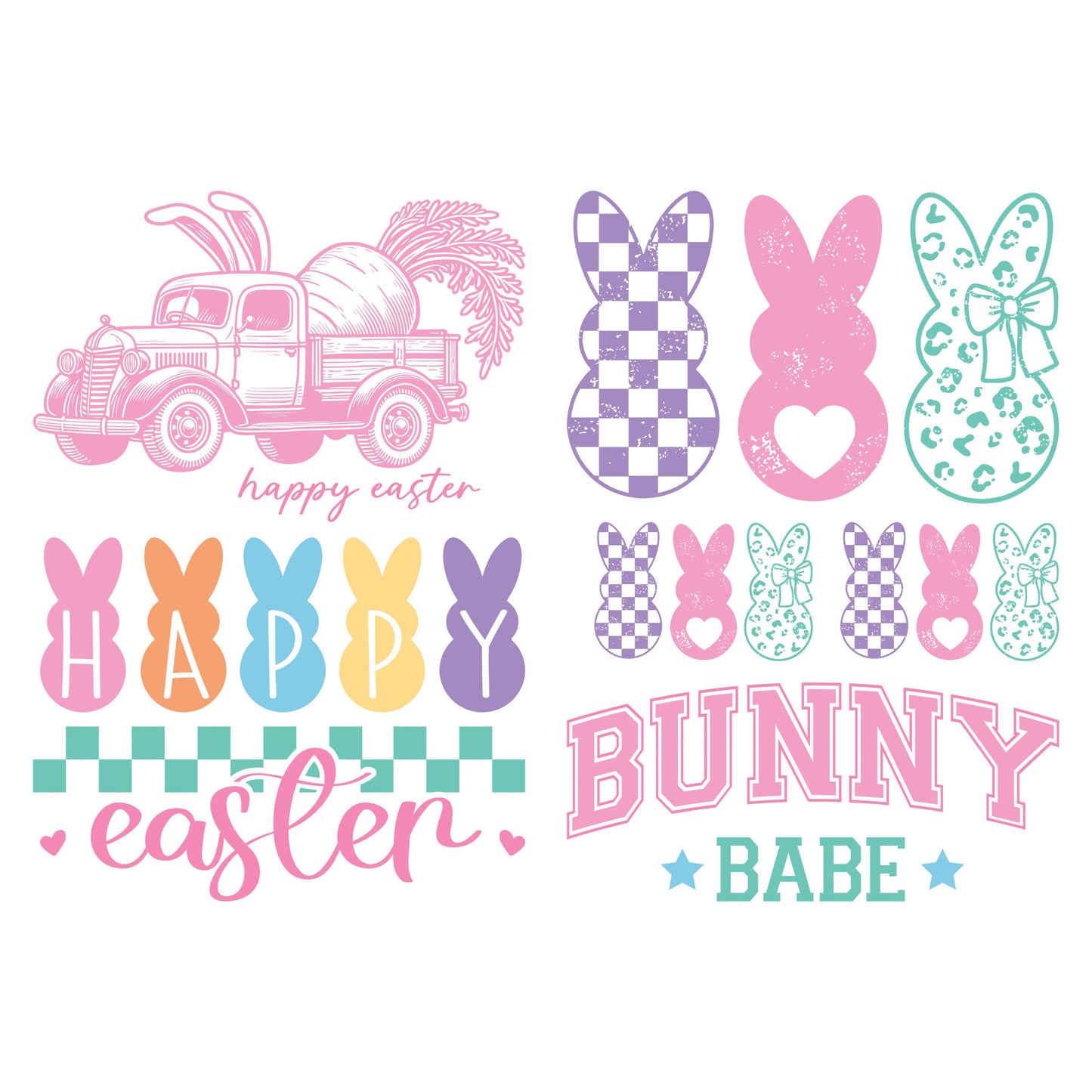 UV DTF Sticker prints. Easter bundle of 4 decals, retro bunny teal and pink permanent sticker. #10187