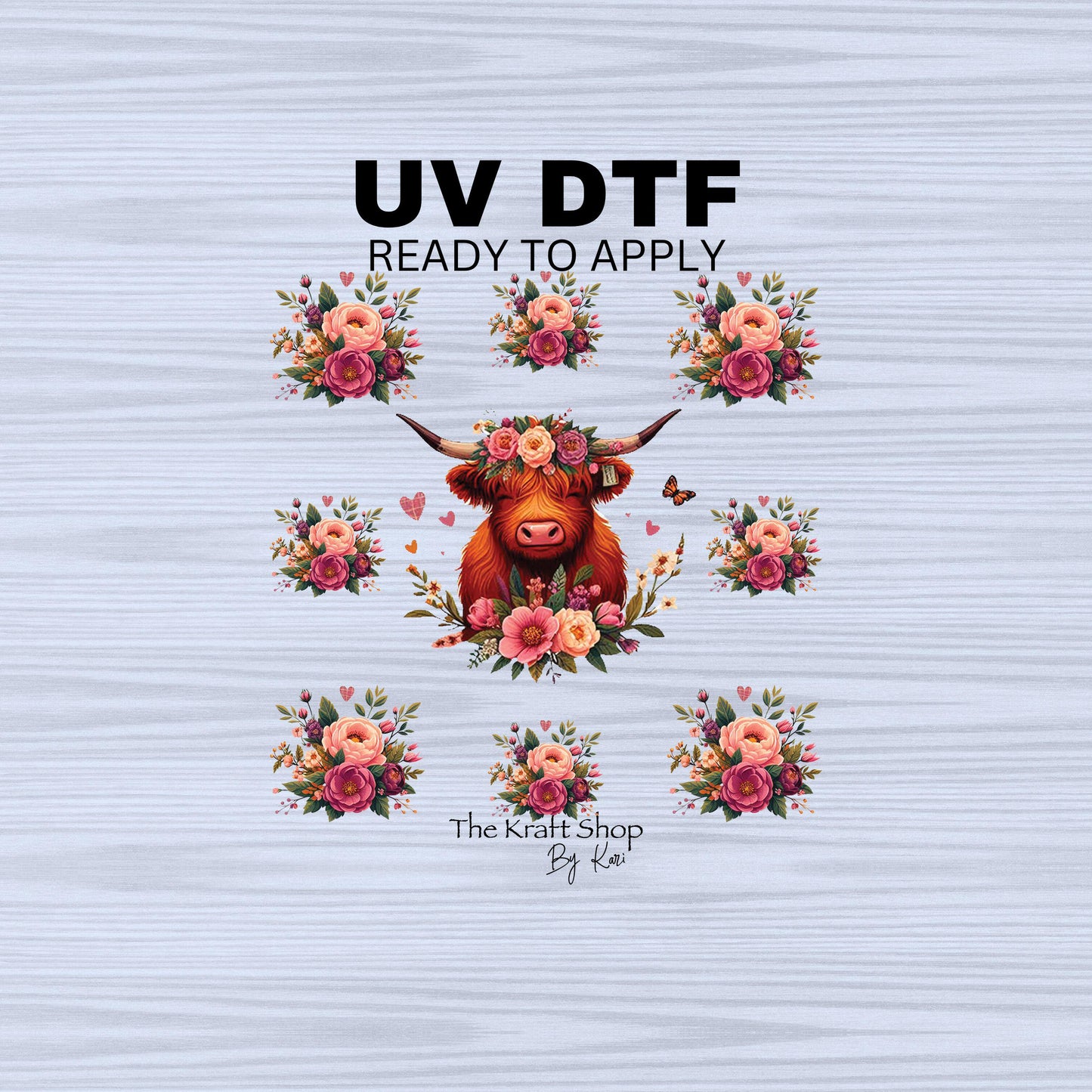 UV DTF Sticker print. Highland cow flowers element sheet of decals, tumbler decal, permanent sticker. #6006