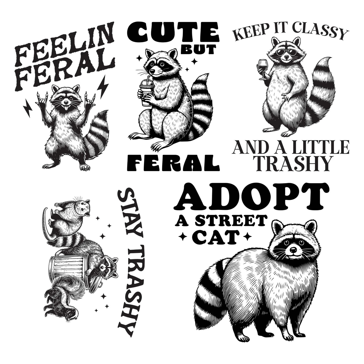 UV DTF Sticker prints. Sarcastic racoon feelin feral cute but feral keep it classy bundle of decals, permanent sticker.#4410