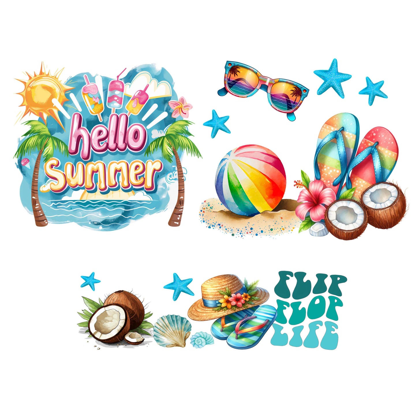 UV DTF 40 oz ready to apply Hello Summer Flip Flop Season beach season wrap. Summer beachy Permanent sticker. UV wrap quencher #3114