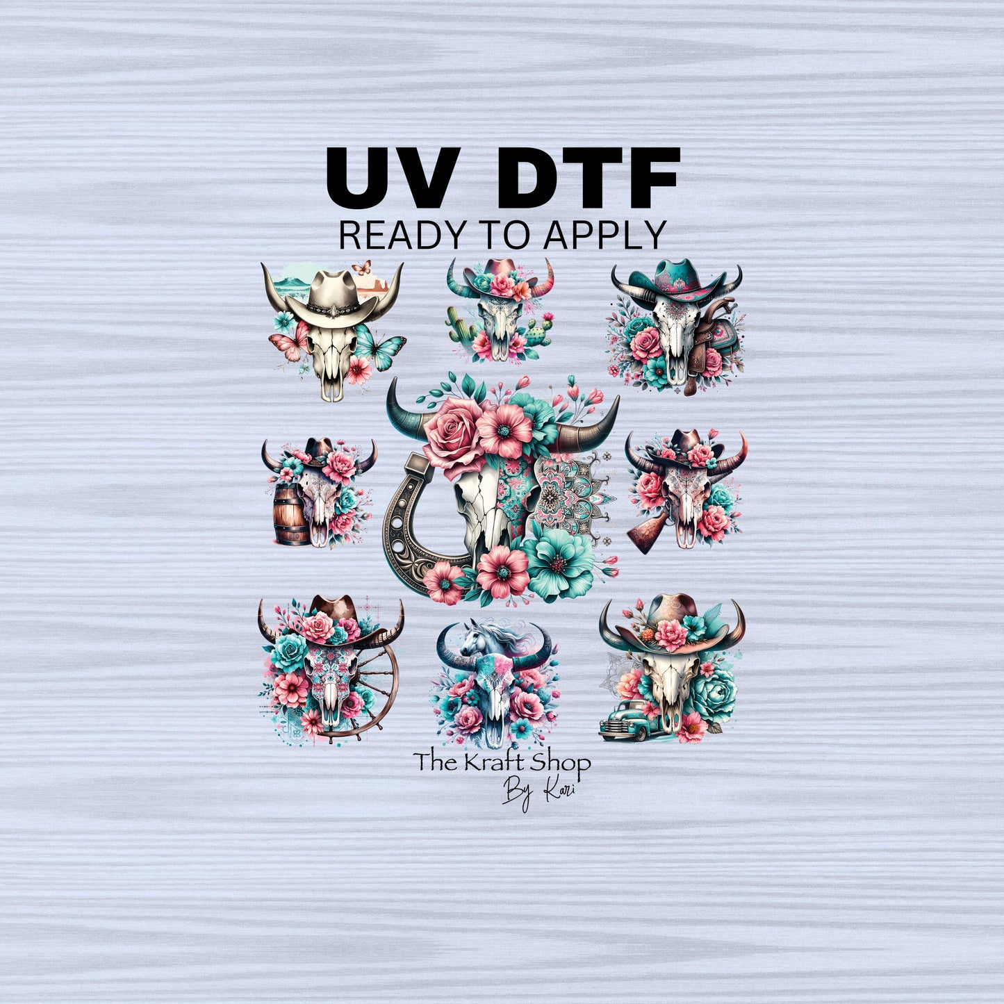 UV DTF Sticker print. Teal boho skull with pink flowers element sheet of decals, tumbler decal, permanent sticker. #6008