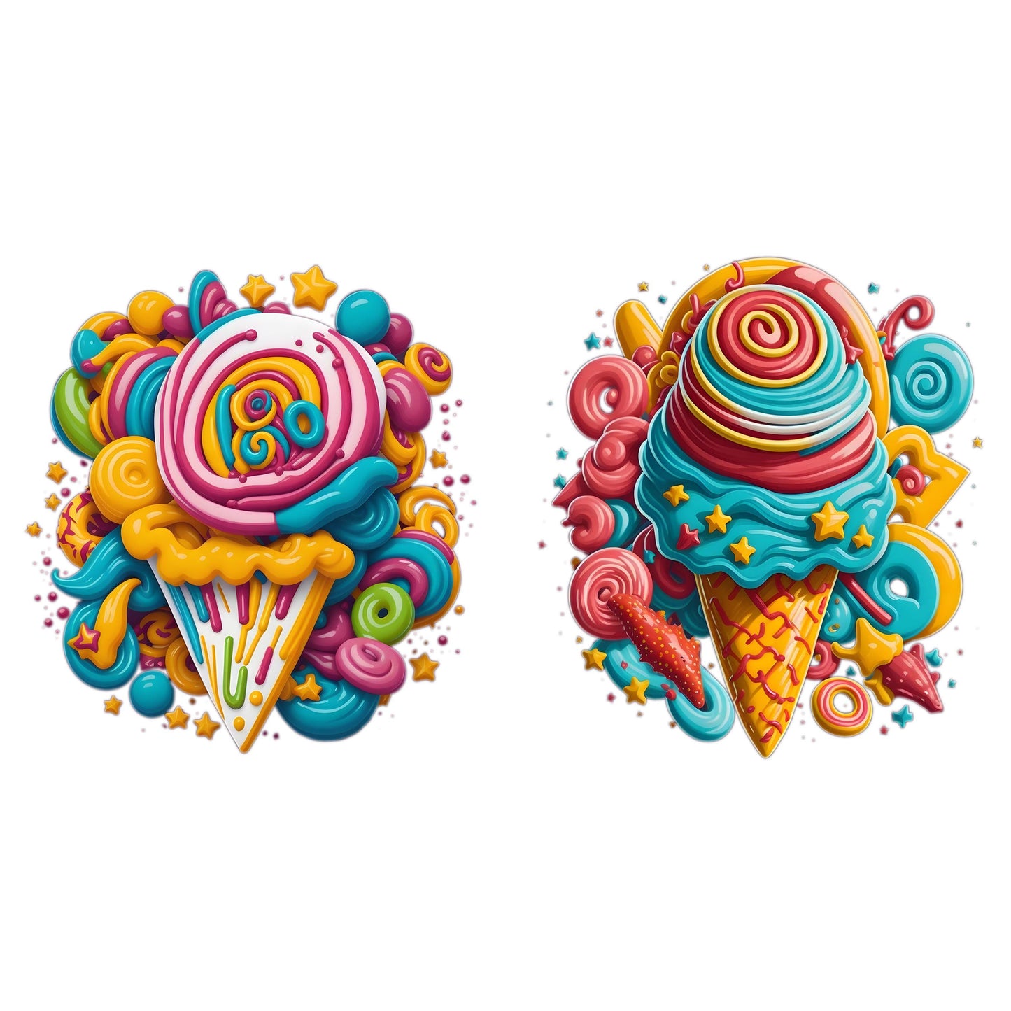 UV DTF Sticker prints. Colorful Ice Cream Cone bundle of (2) decals, permanent sticker.#10234