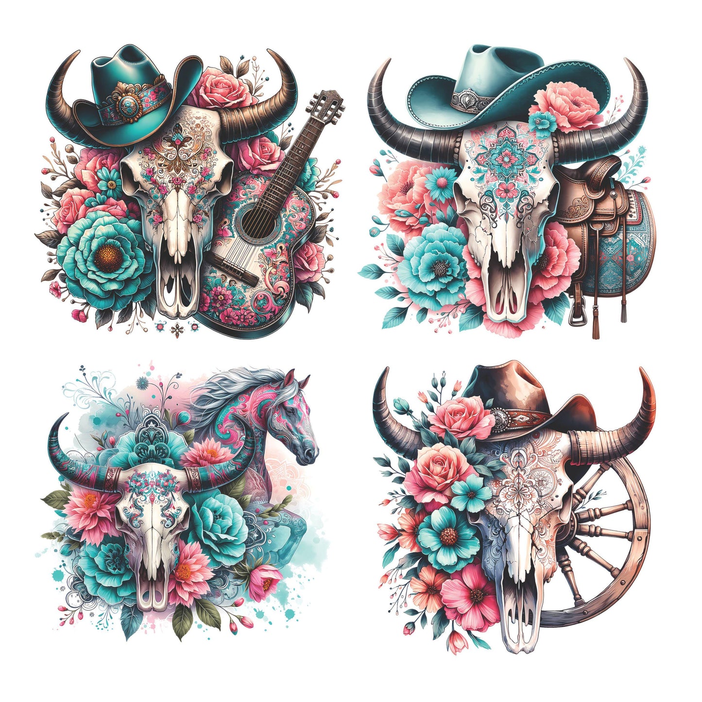 UV DTF Sticker prints. Teal boho skull bundle of 4 decals, permanent sticker. UV wrap for glass can tumbler. #2024