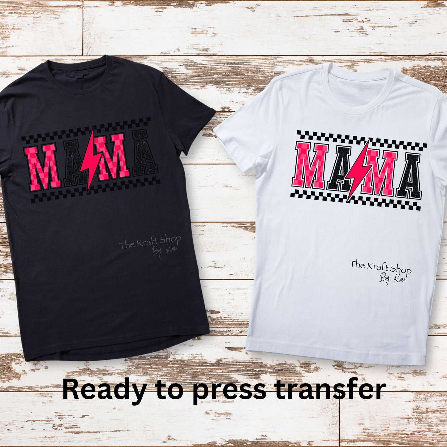 DTF ready to press transfer. Mama lightening bolt pink and black checkered shirt, Direct to film heat press DTF Print#11396