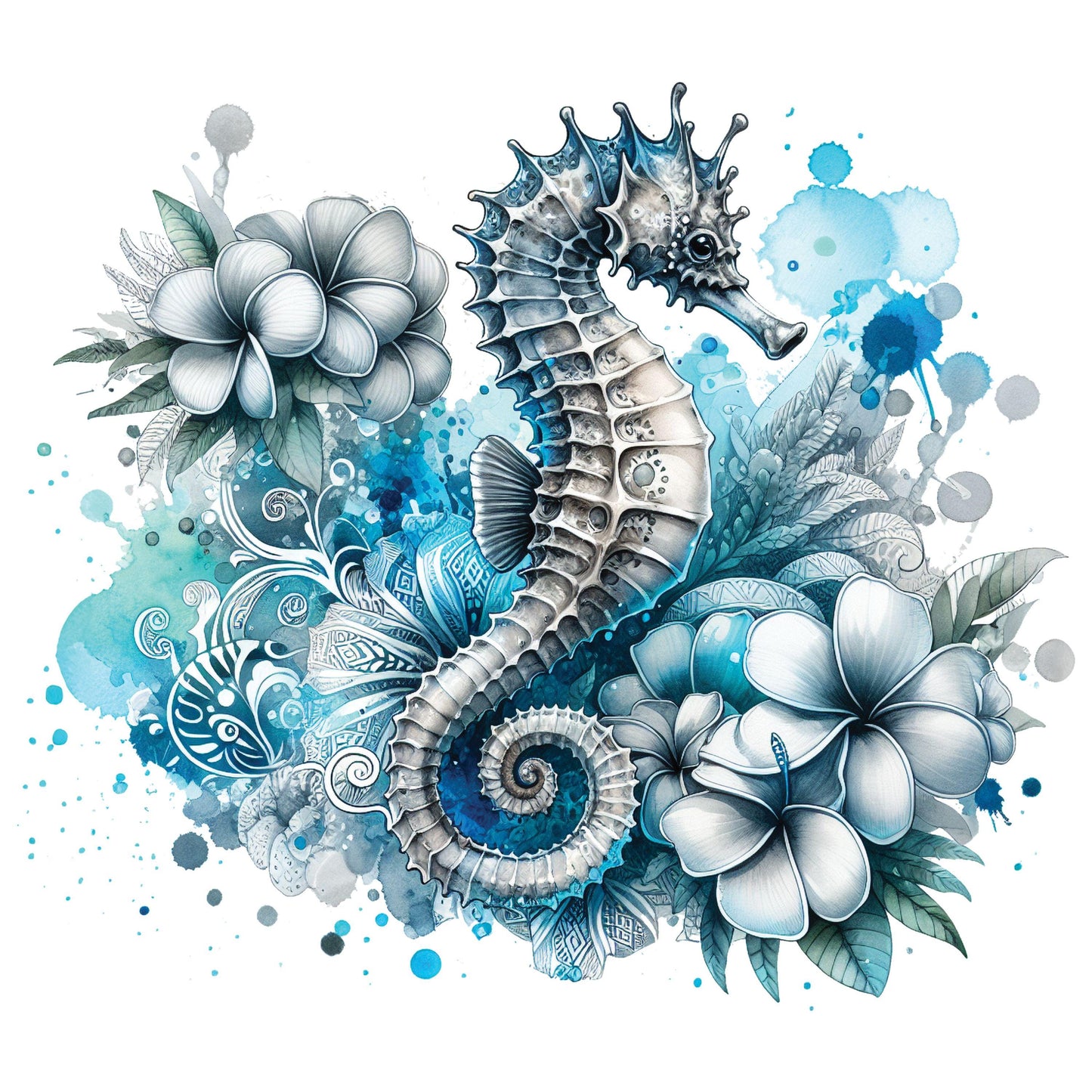 UV DTF Sticker print. Seahorse grey blue with flowers decal, tumbler decal, permanent sticker. UV wrap for glass can tumbler. #1064