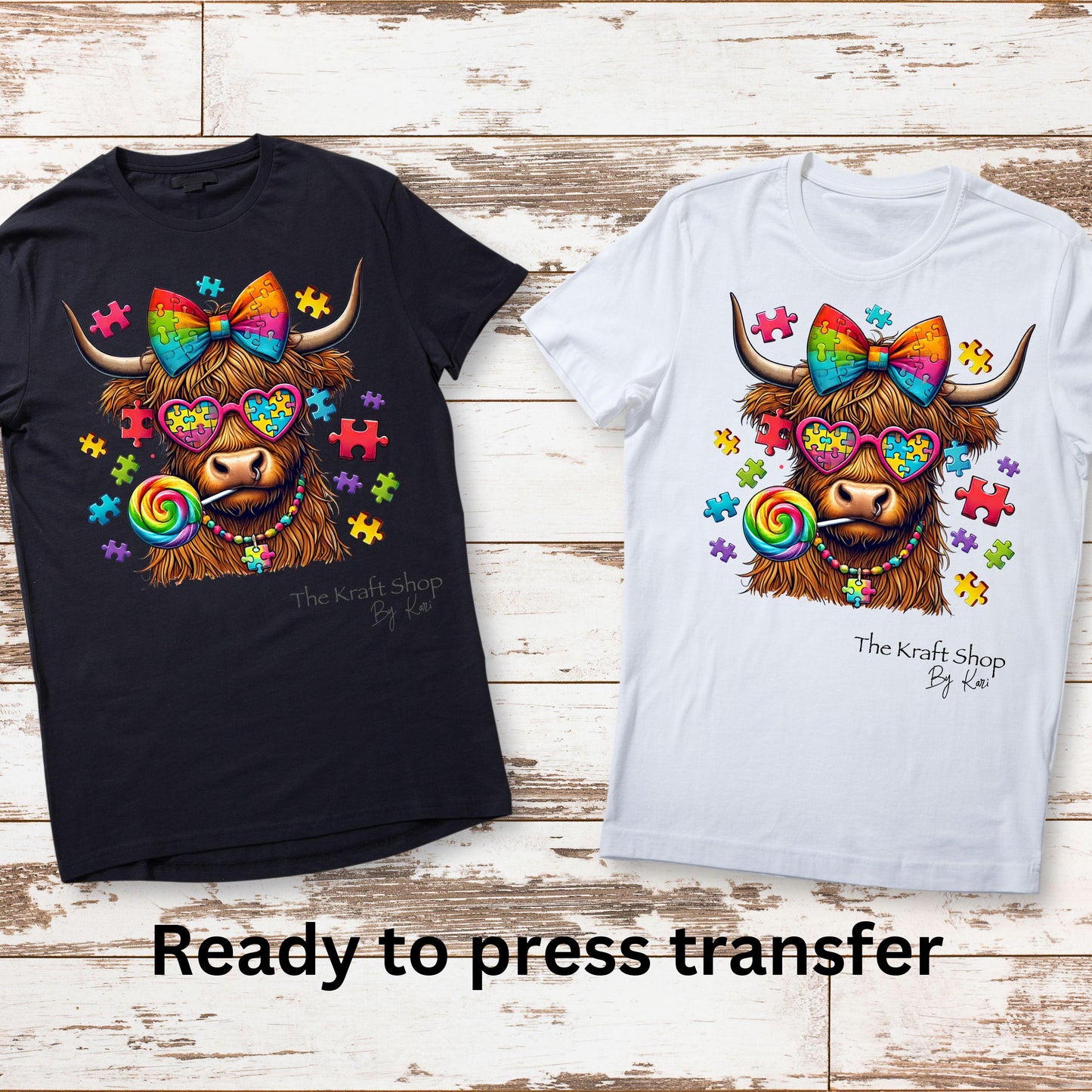 DTF ready to press transfer. Autism highland cow Autism Awareness , Direct to film heat press transfer. #11376