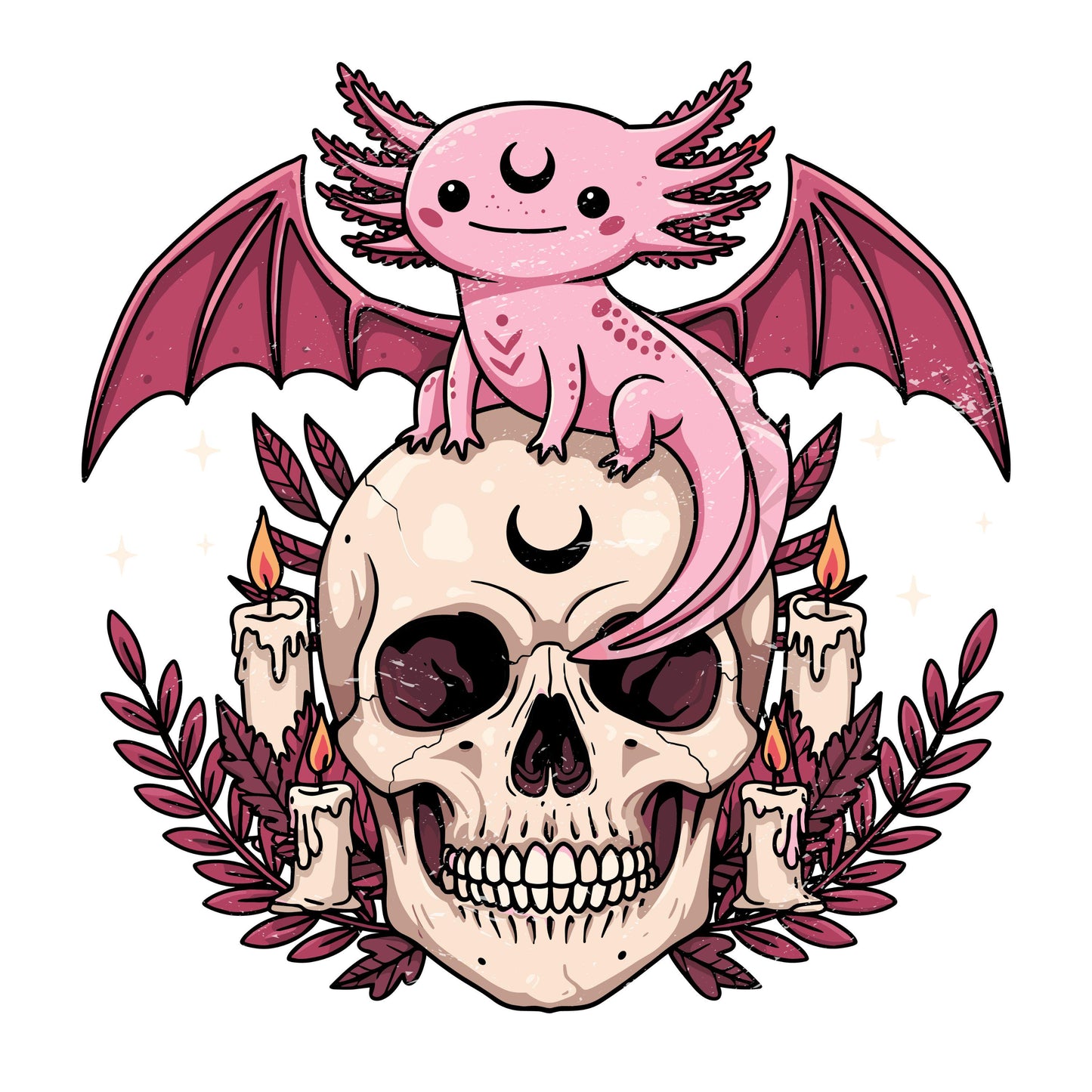 UV DTF Sticker prints. Axolotl skull with candles and bat wings, permanent sticker.#1056