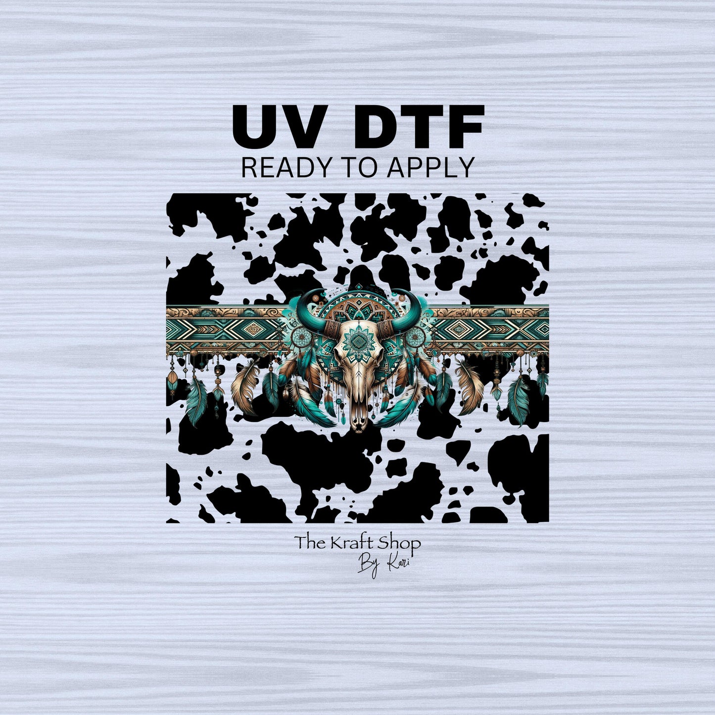 UV DTF Sticker prints. Teal bull skull cowhide wrap black or brown spots decal, permanent sticker. #10224
