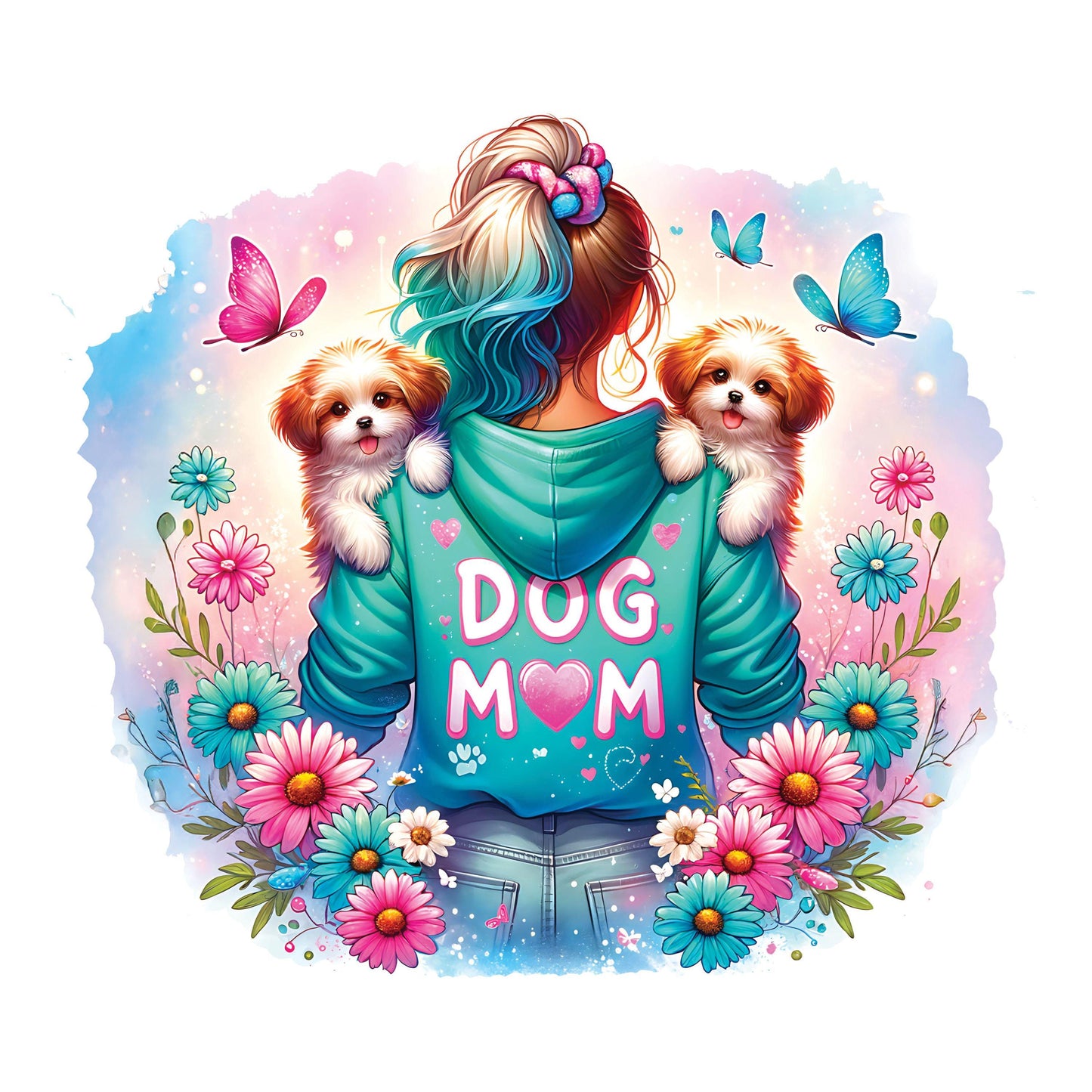 UV DTF Sticker print. Dog Mom pastel colors two puppies and flowers decal, tumbler decal, permanent sticker. #4455