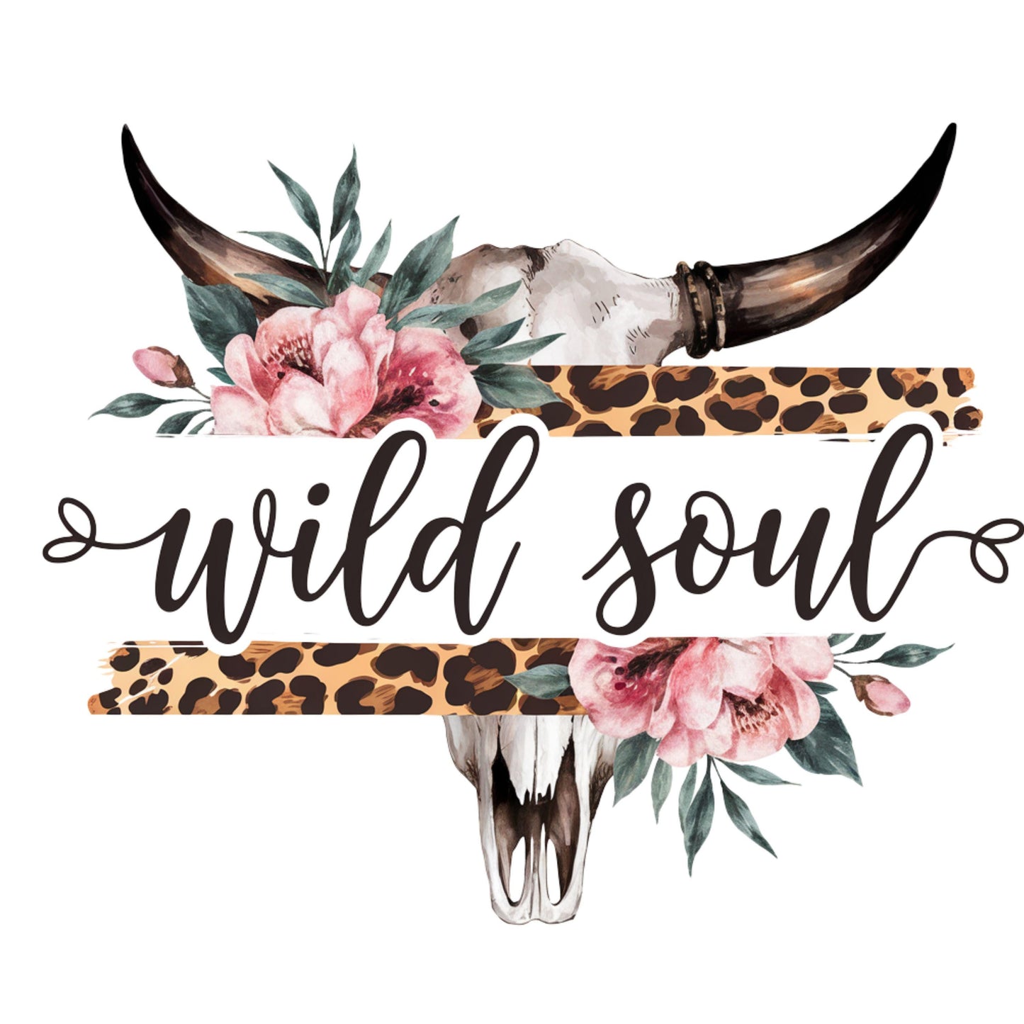 UV DTF Sticker print. Wild soul bull skull with cheetah print and pink flowers decal, tumbler decal, permanent sticker. #4430