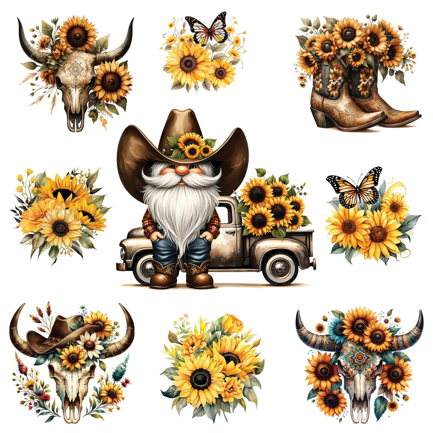 UV DTF Sticker print. Cowboy Gnome Sunflower element sheet of decals, tumbler decal, permanent sticker. #6004