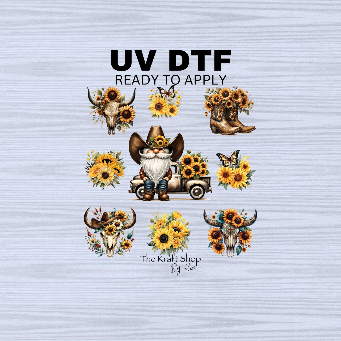 UV DTF Sticker print. Cowboy Gnome Sunflower element sheet of decals, tumbler decal, permanent sticker. #6004