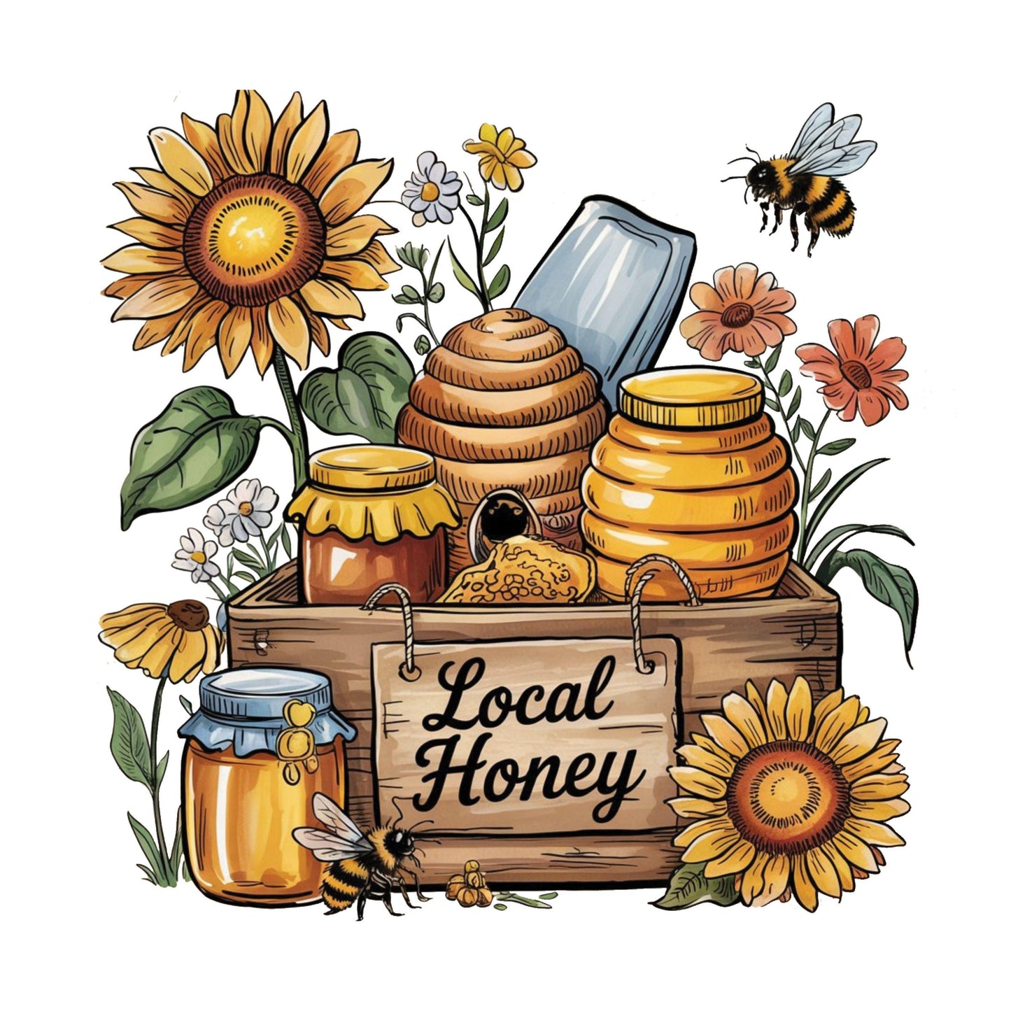 UV DTF Sticker print. Local honey farmhouse bees and honey decal, tumbler decal, permanent sticker. #4436