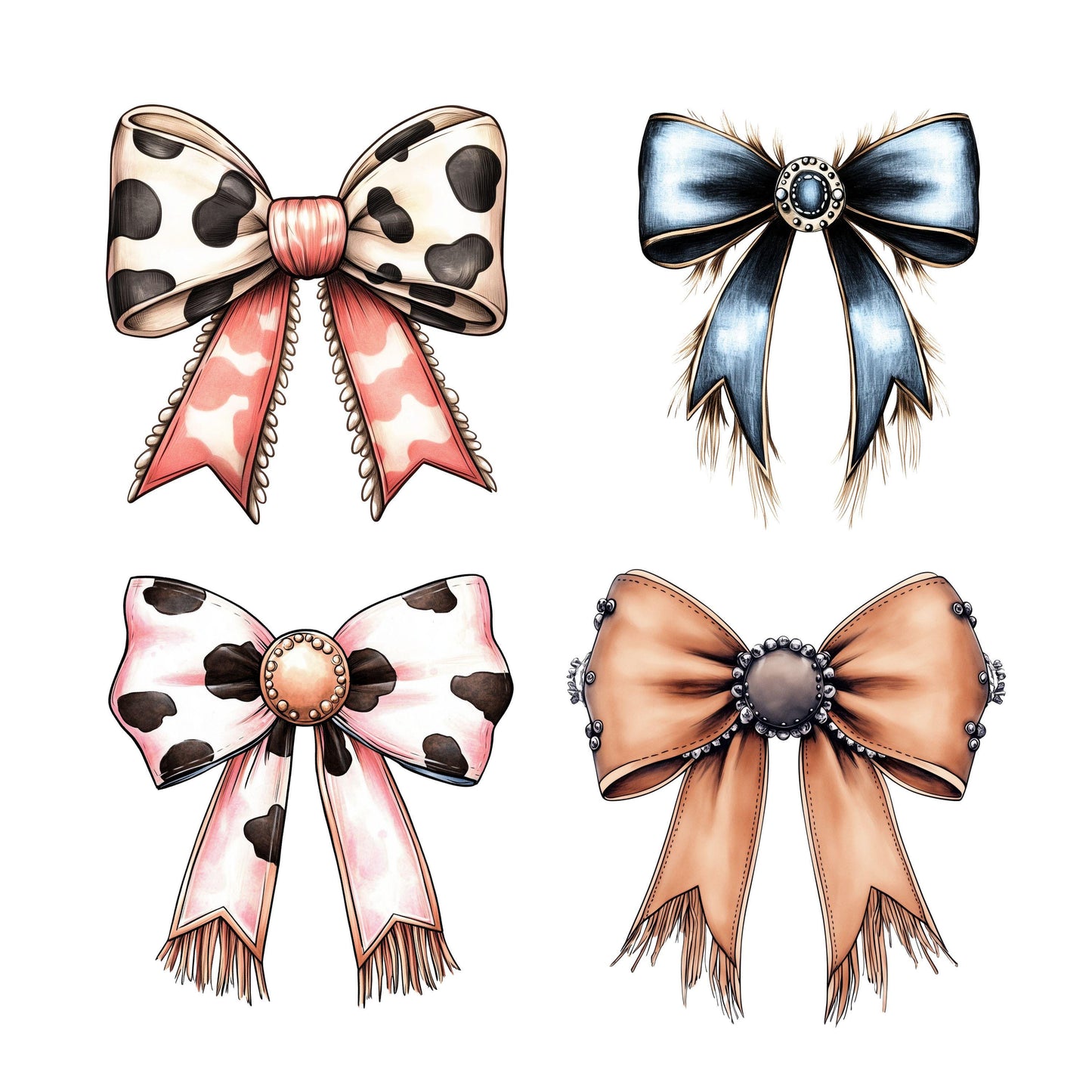 UV DTF Sticker print. Western bows country bows with tassels cowprint element bundle sheet of decals, tumbler decal, permanent sticker.#6007