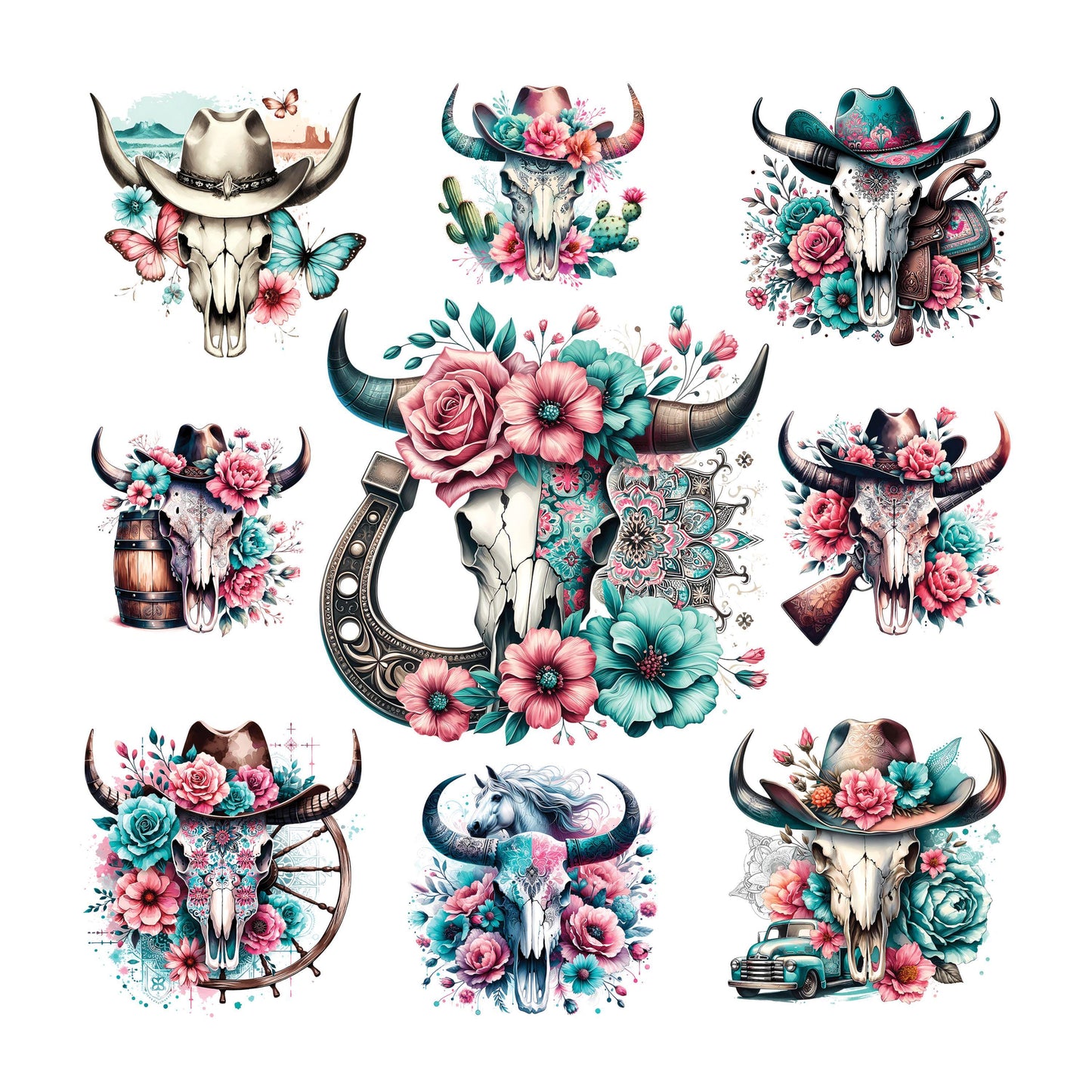 UV DTF Sticker print. Teal boho skull with pink flowers element sheet of decals, tumbler decal, permanent sticker. #6008