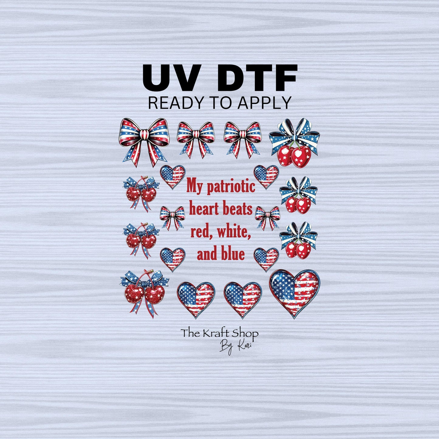UV DTF Sticker print. My Patriotic heart beats red white blue element sheet of decals, tumbler decal, permanent sticker. #10231