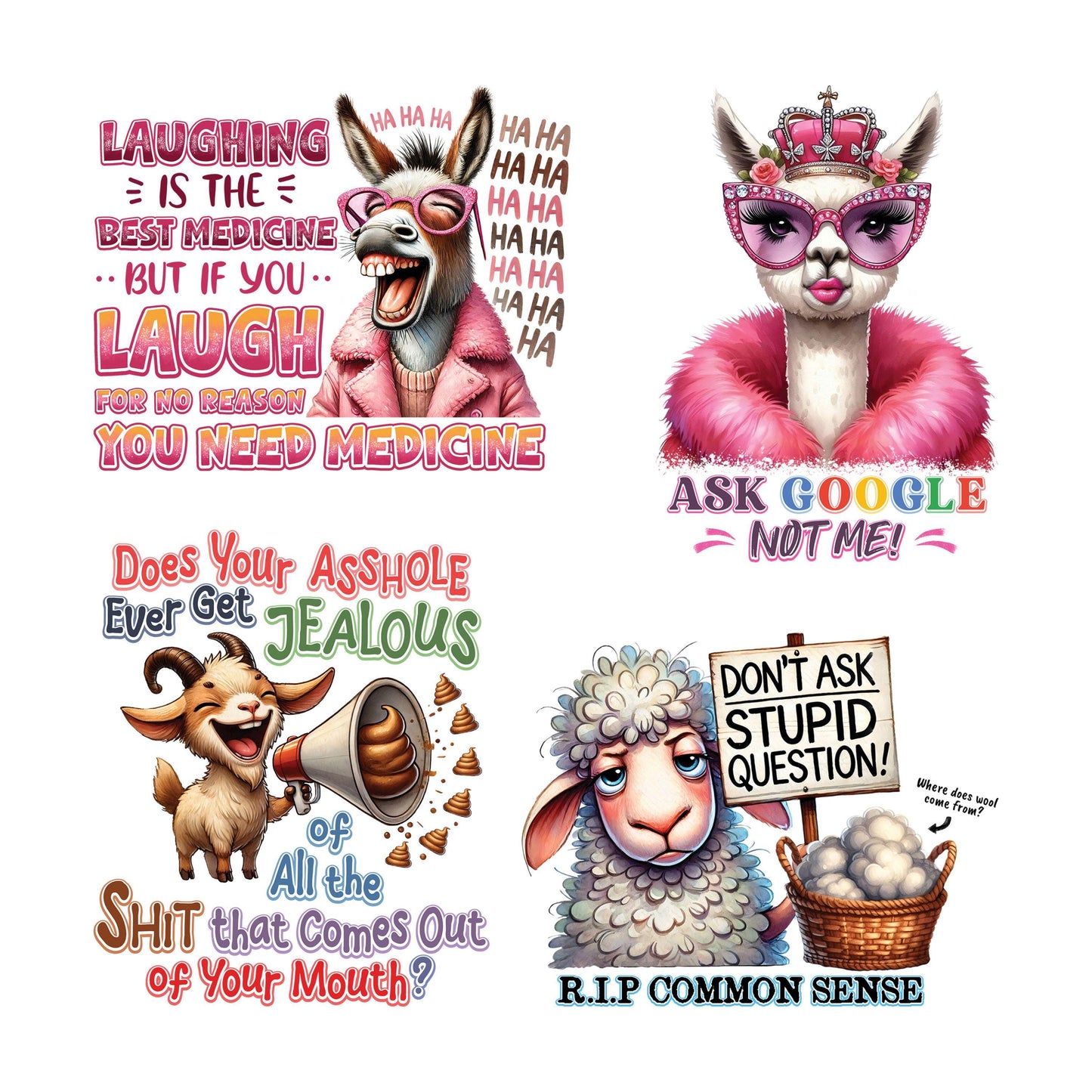 UV DTF Sticker print. Sarcastic farm animals bundle of 4 decals, Don't ask stupid questions tumbler decal #4468