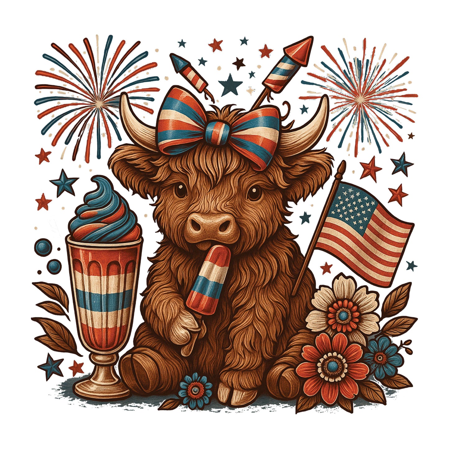 UV DTF Sticker print. 4th of July cow with ice cream and fireworks decal, tumbler decal, permanent sticker. #7288