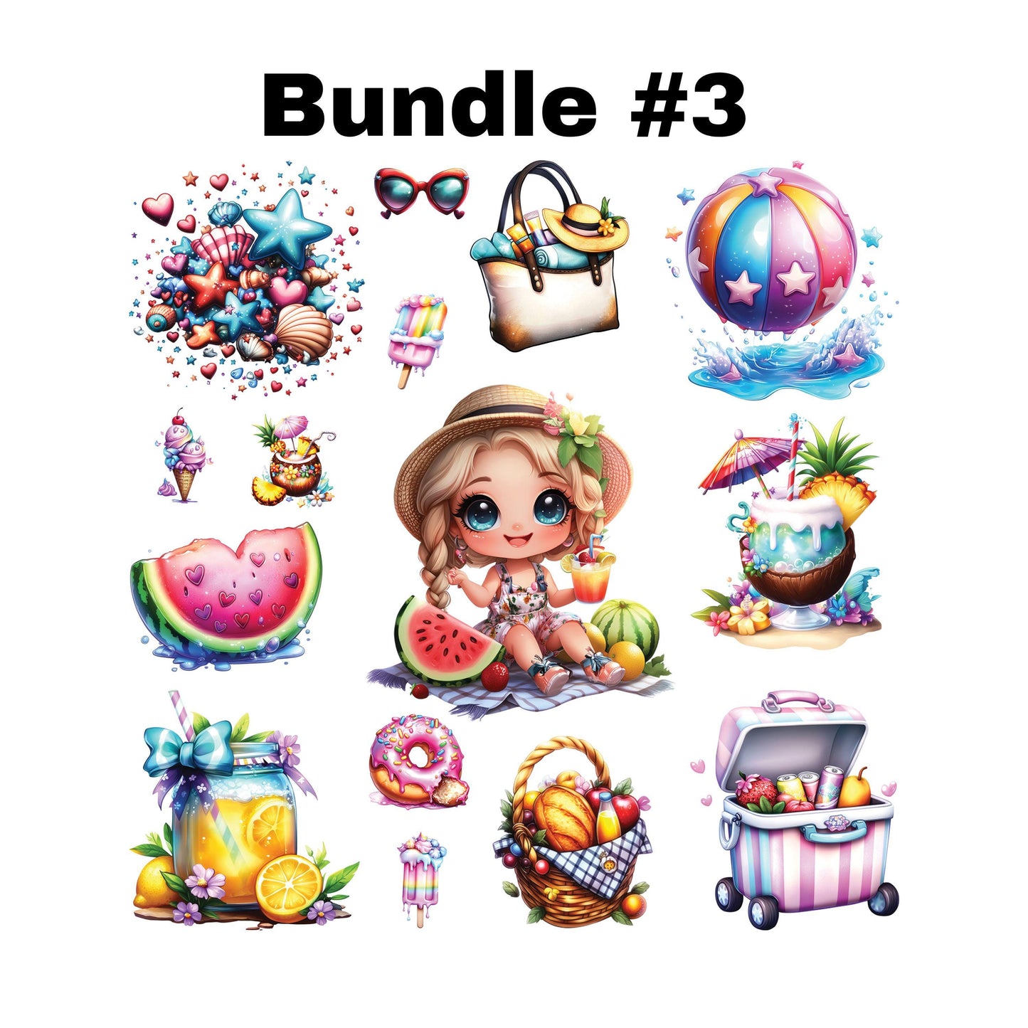 UV DTF Sticker prints. Summer girls element sheet. Cute little girls with summer elements permanent sticker. #7289