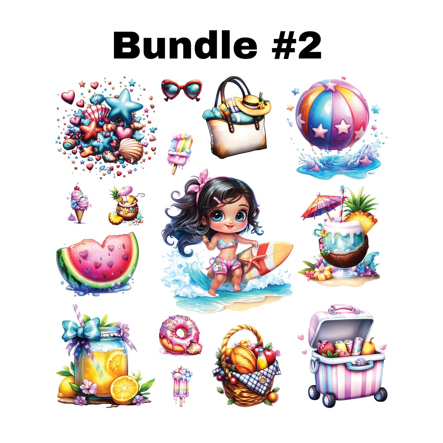 UV DTF Sticker prints. Summer girls element sheet. Cute little girls with summer elements permanent sticker. #7289