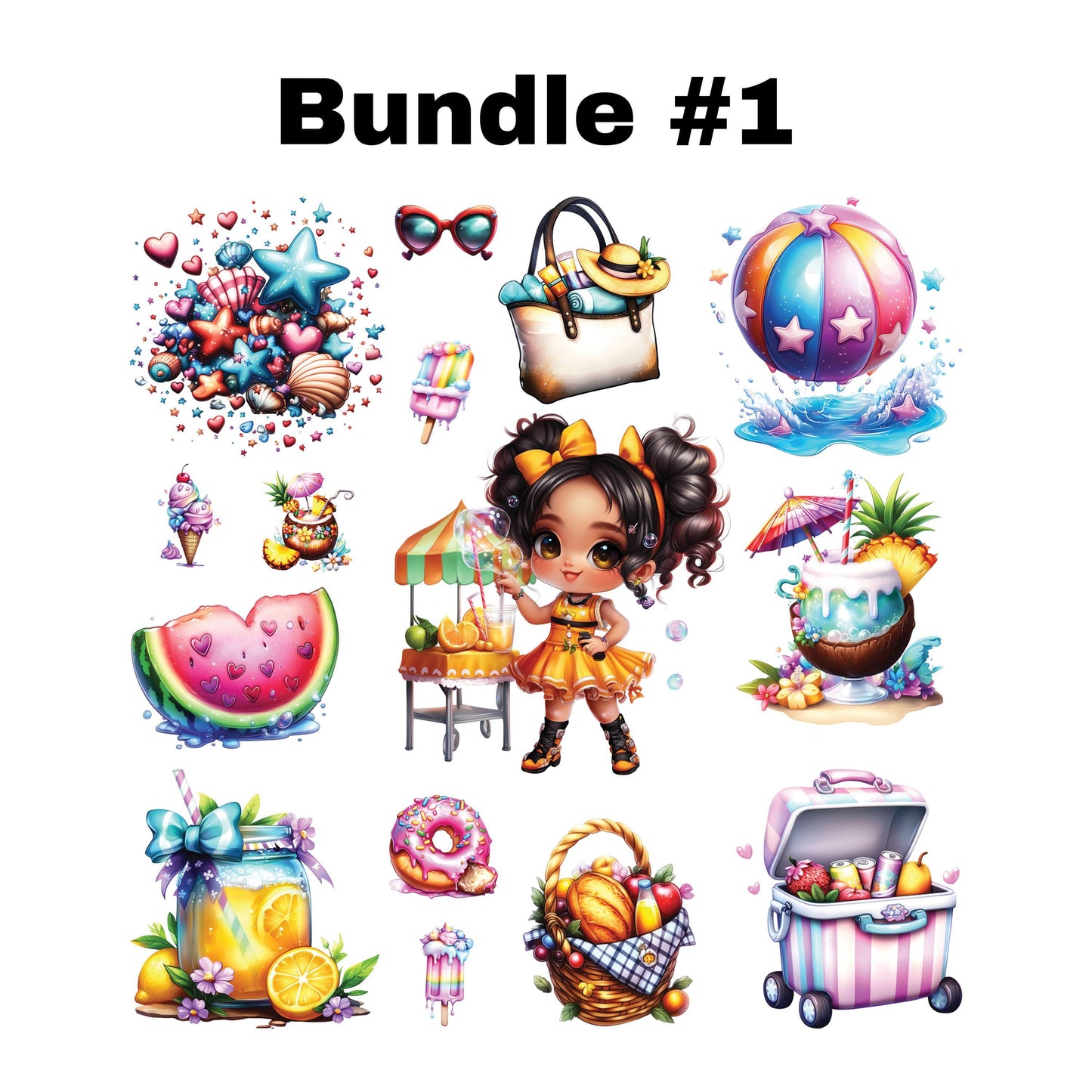 UV DTF Sticker prints. Summer girls element sheet. Cute little girls with summer elements permanent sticker. #7289