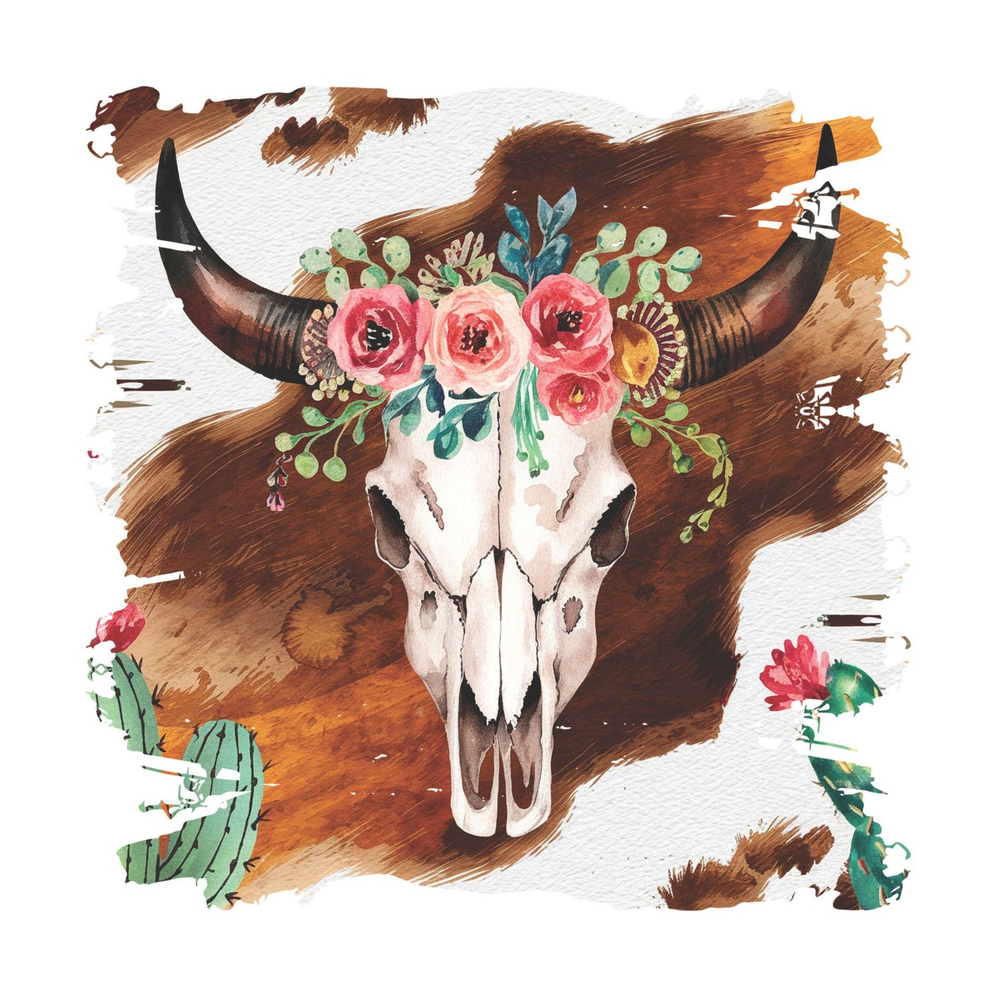 UV DTF Sticker print. Cowhide skull with flowers paint swipe decal, tumbler decal, permanent sticker. UV wrap for glass can tumbler. #2028