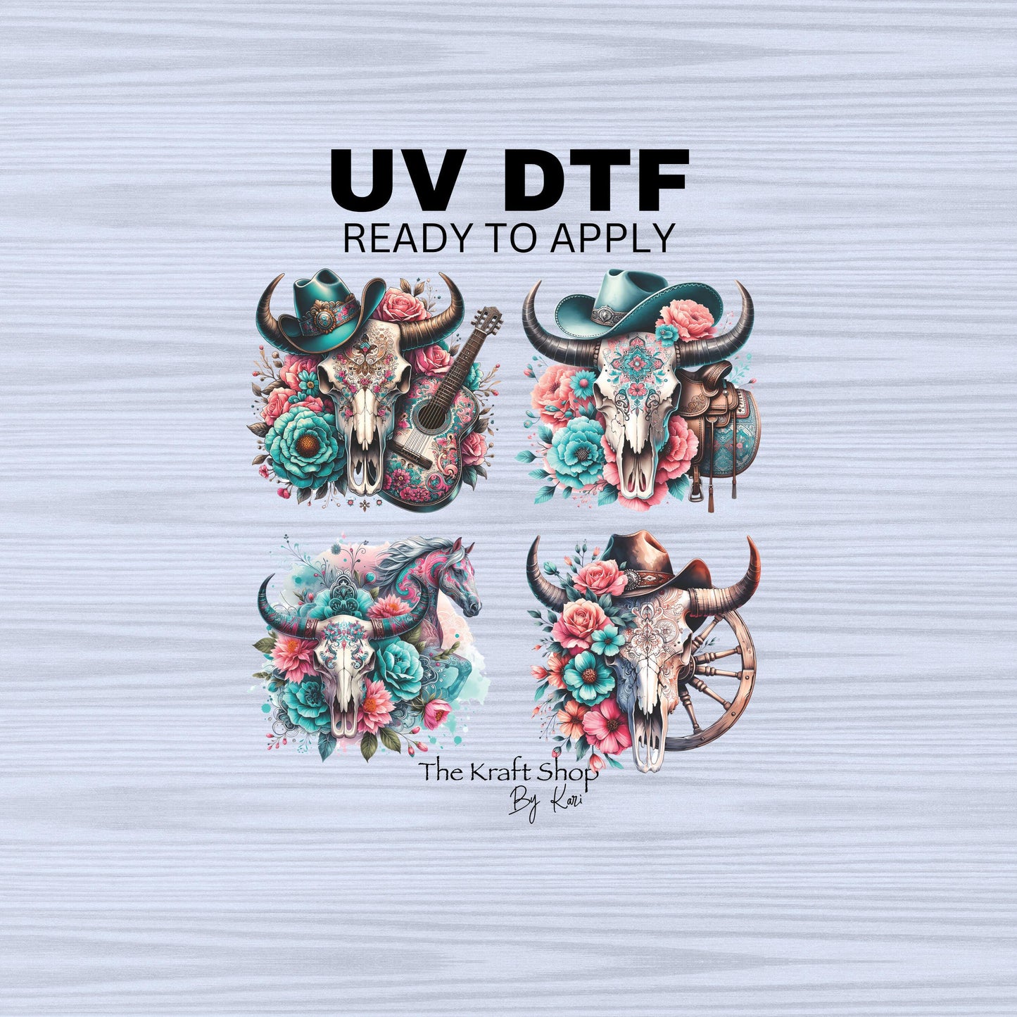 UV DTF Sticker prints. Teal boho skull bundle of 4 decals, permanent sticker. UV wrap for glass can tumbler. #2024