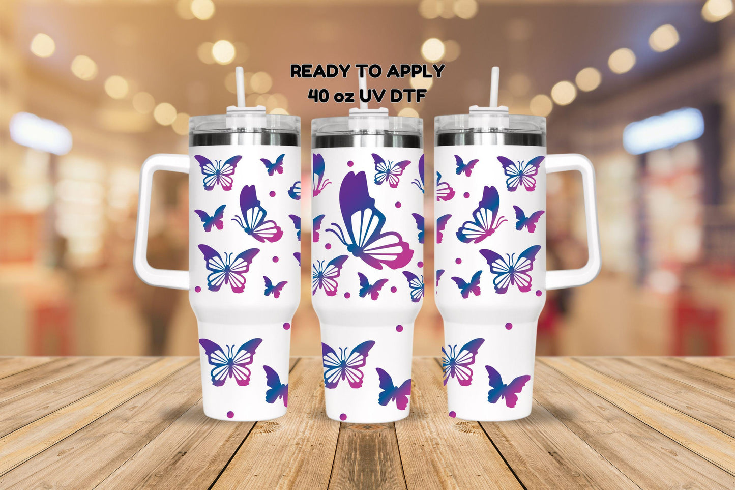 UV DTF 40 oz ready to apply Ombre butterfly purple and pink, 40 oz quencher tumbler decal #3140