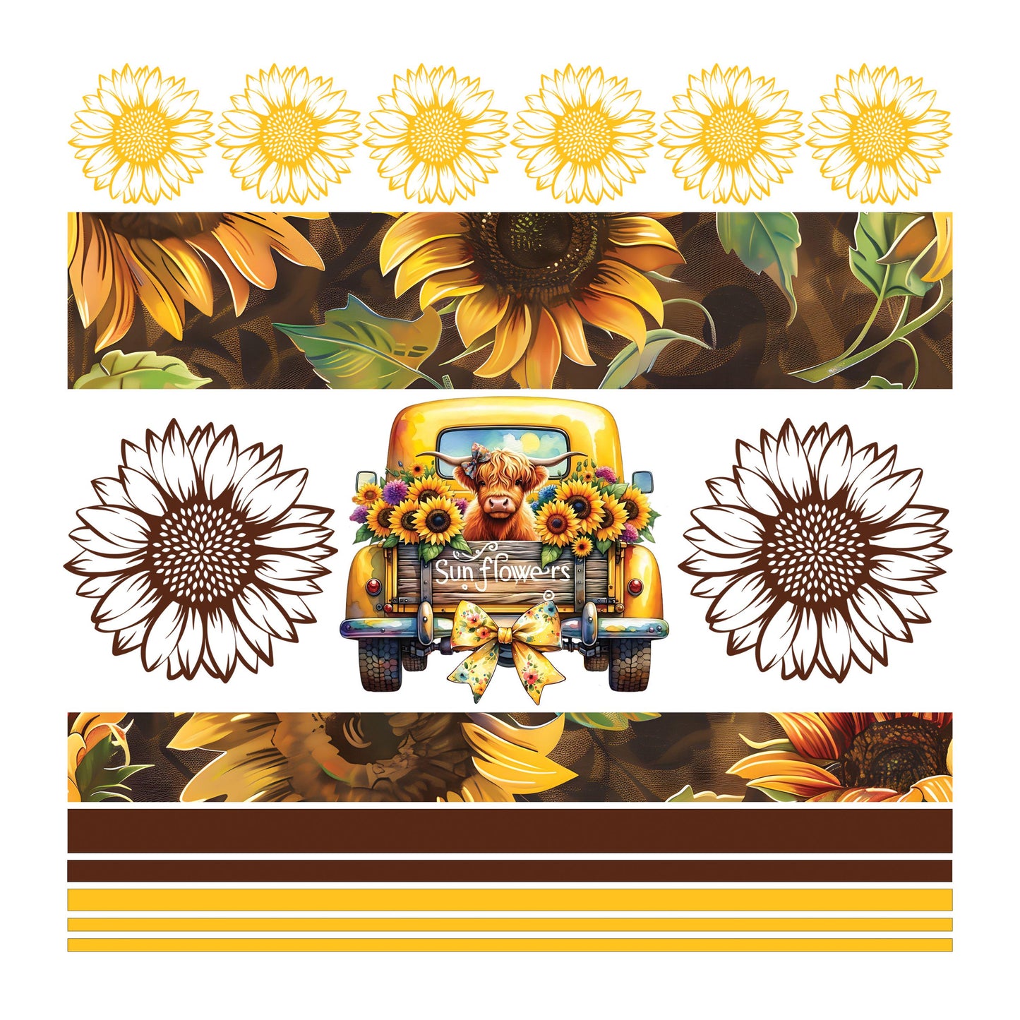 UV DTF Sticker prints. Sunflowers highland cow band element sheet bundle decal, permanent sticker. #10246