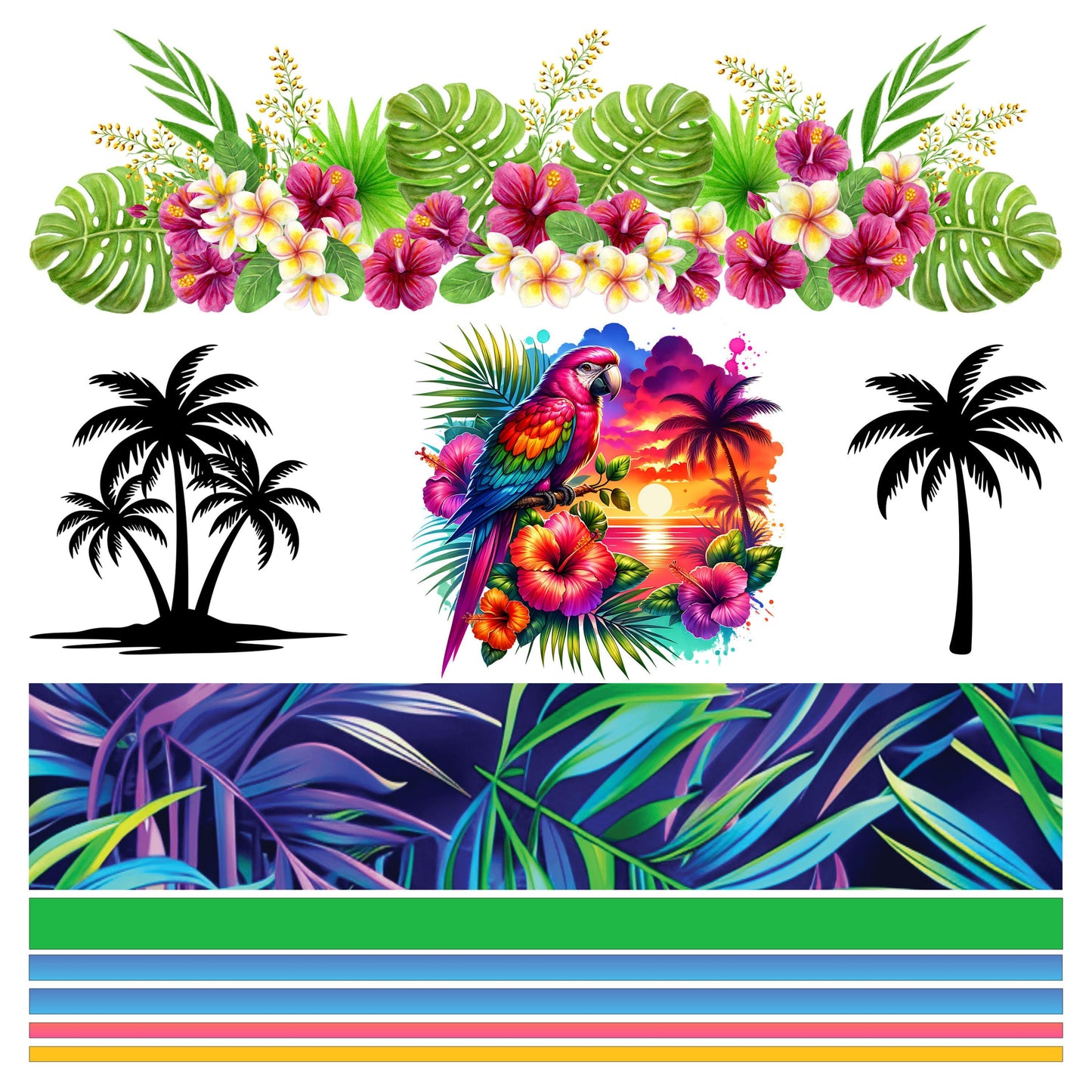 UV DTF Sticker prints. Tropical sunset parrot and palm trees band element sheet bundle decal, permanent sticker. #10247