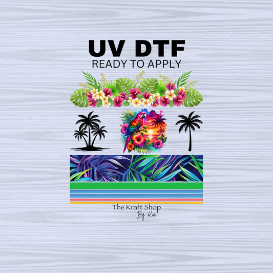 UV DTF Sticker prints. Tropical sunset parrot and palm trees band element sheet bundle decal, permanent sticker. #10247