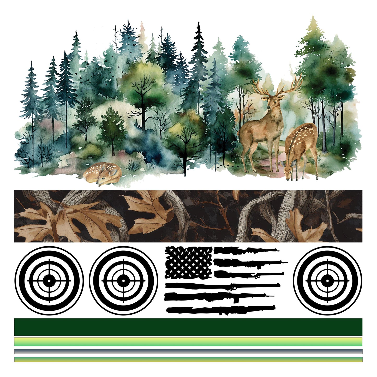 UV DTF Sticker prints. Deer hunter with targets and rifle flag band element sheet bundle decal, permanent sticker. #10248