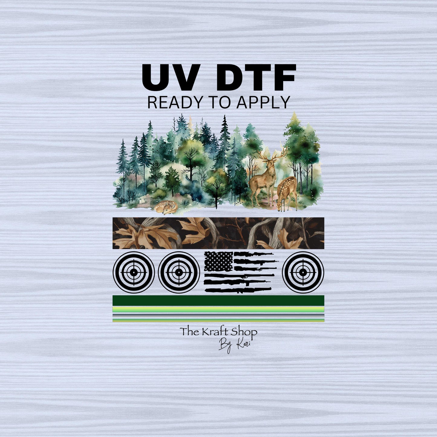 UV DTF Sticker prints. Deer hunter with targets and rifle flag band element sheet bundle decal, permanent sticker. #10248
