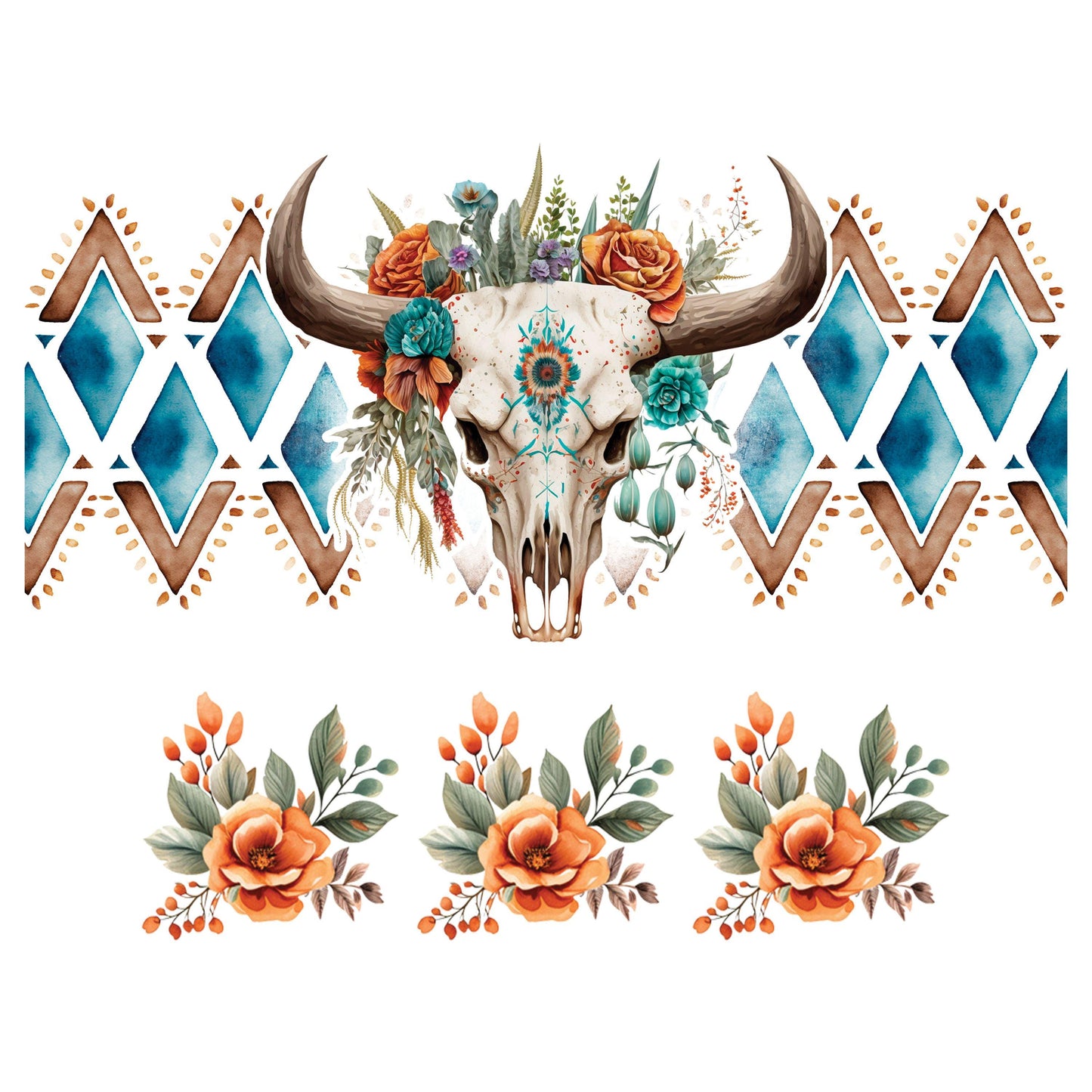 UV DTF 40 oz ready to apply Bull Skull wrap with orange flower bottom. Western style boho. Permanent sticker. UV wrap quencher #3124