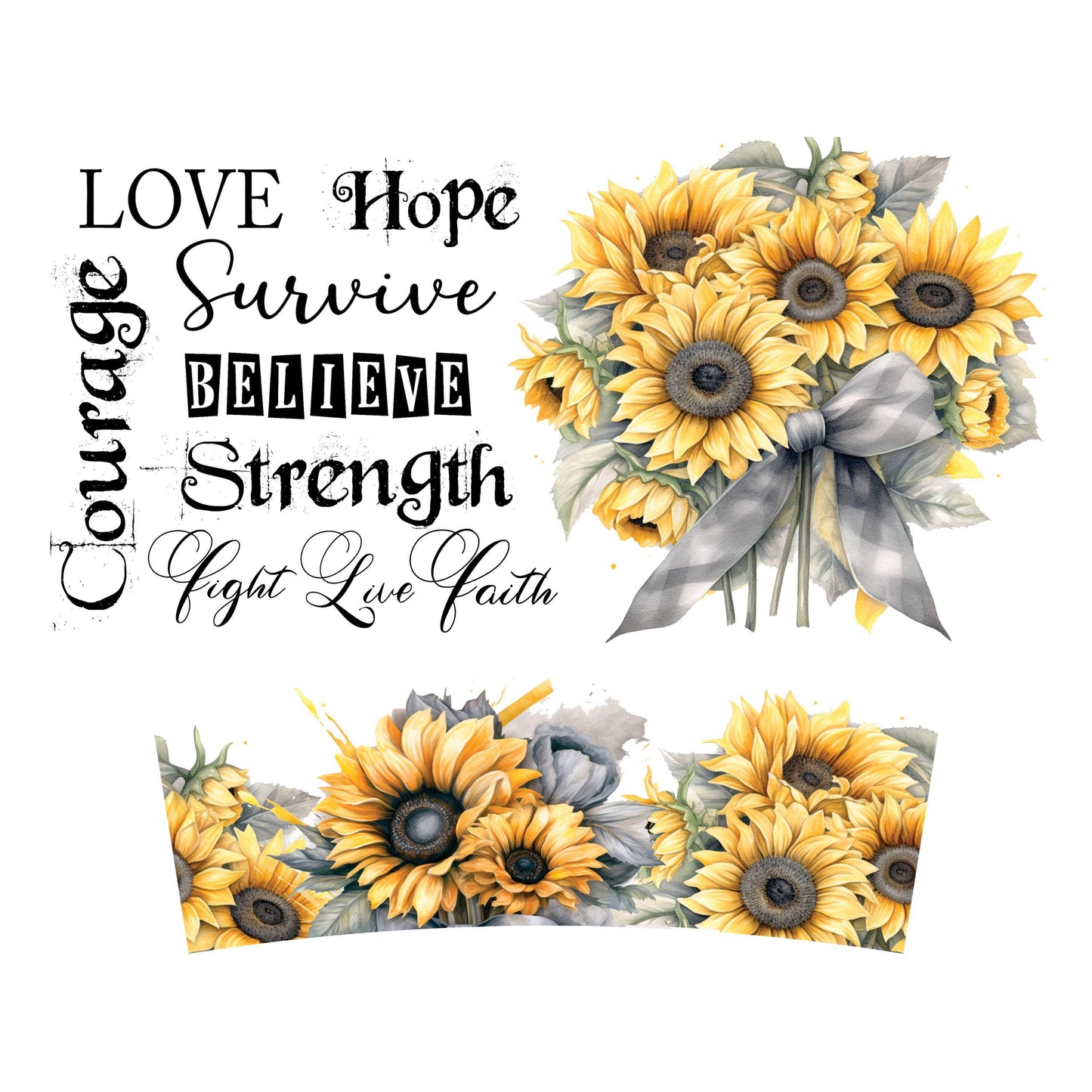 UV DTF 40 oz ready to apply Grey ribbon and sunflowers brain surgery awareness wrap decal , quencher tumbler decal, permanent sticker. #3125