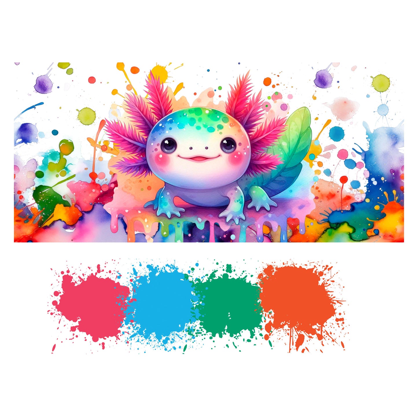 UV DTF 40 oz ready to apply Axolotl wrap with paint burst bottom decal , quencher tumbler decal, permanent sticker. #3130