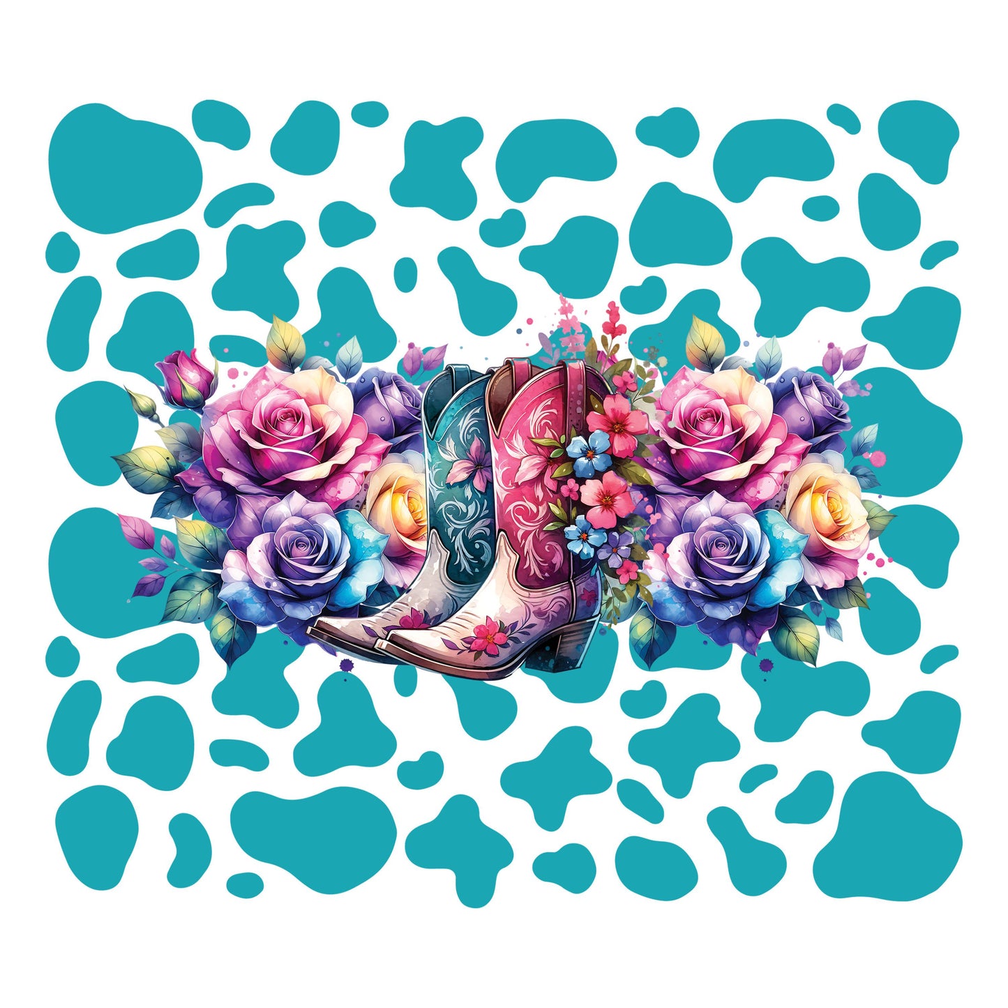 UV DTF Sticker prints. Cowgirl boots with teal cow spots tumbler wrap decal, permanent sticker. #5293